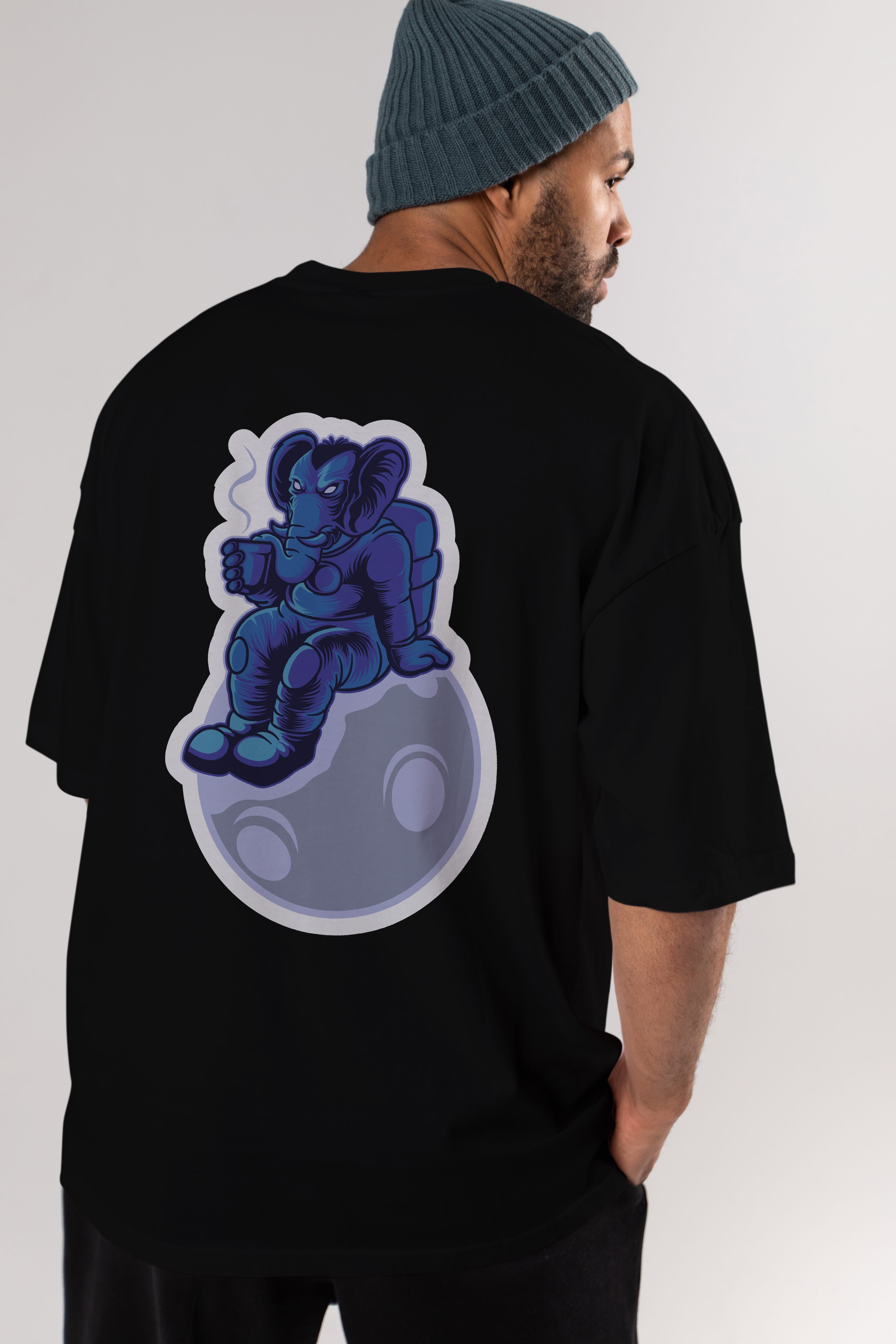 Space Elephant Drink Coffee Sticker Arka Baskılı Oversize t-shirt Erkek Kadın Unisex