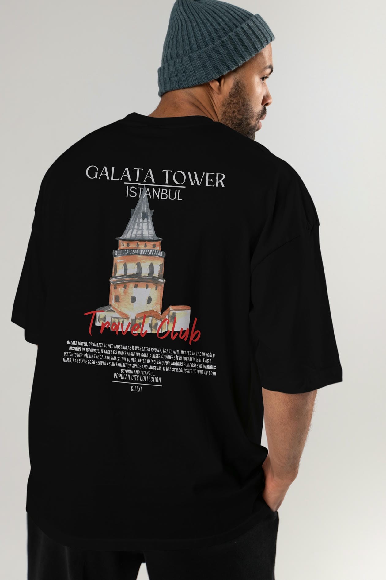 Galata Tower İstanbul Arka Baskılı Oversize t-shirt Erkek Kadın Pamuk Bisiklet Yaka tişort
