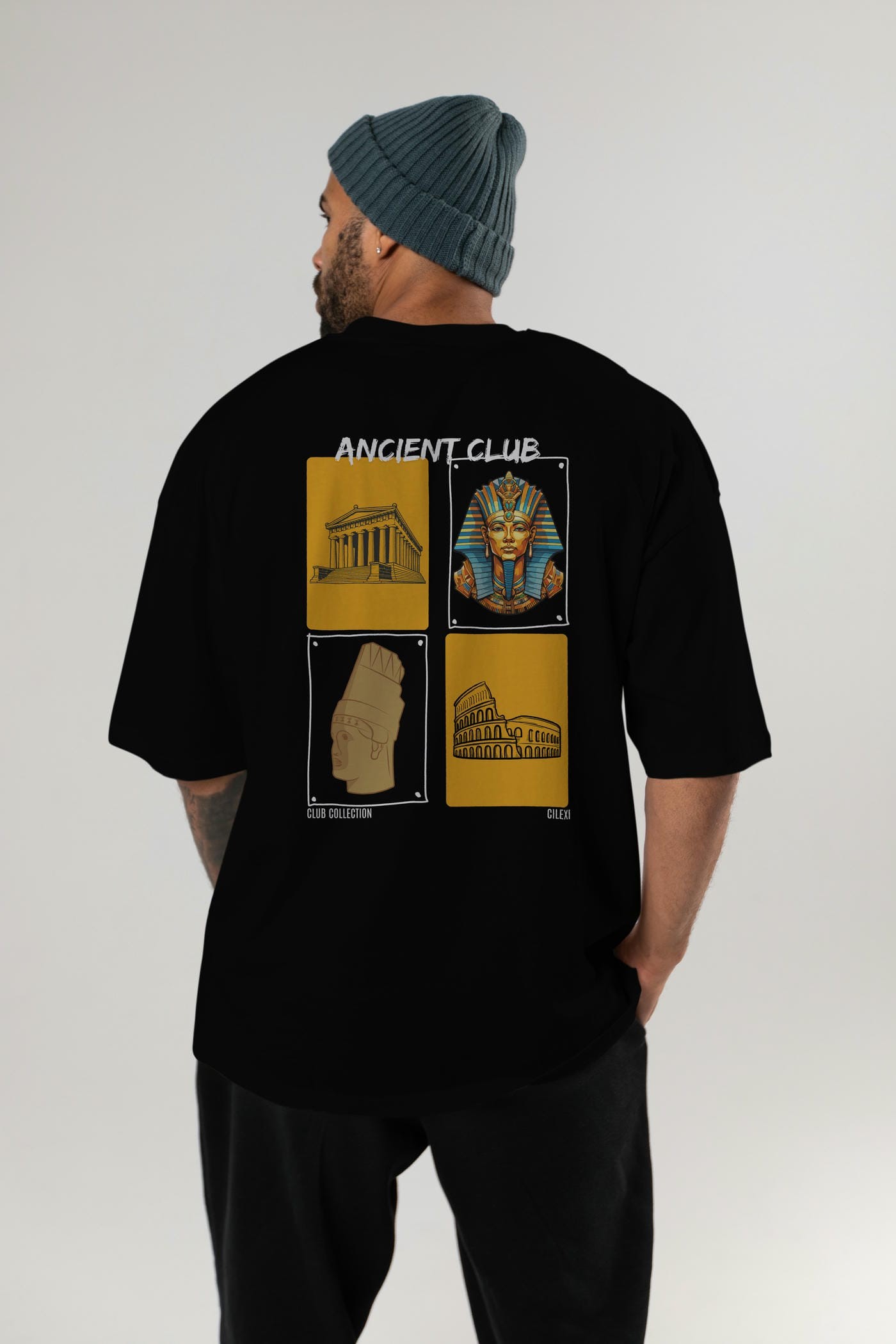 Ancient Club Arka Baskılı Oversize t-shirt Erkek Kadın %100 Pamuk Bisiklet Yaka tişort