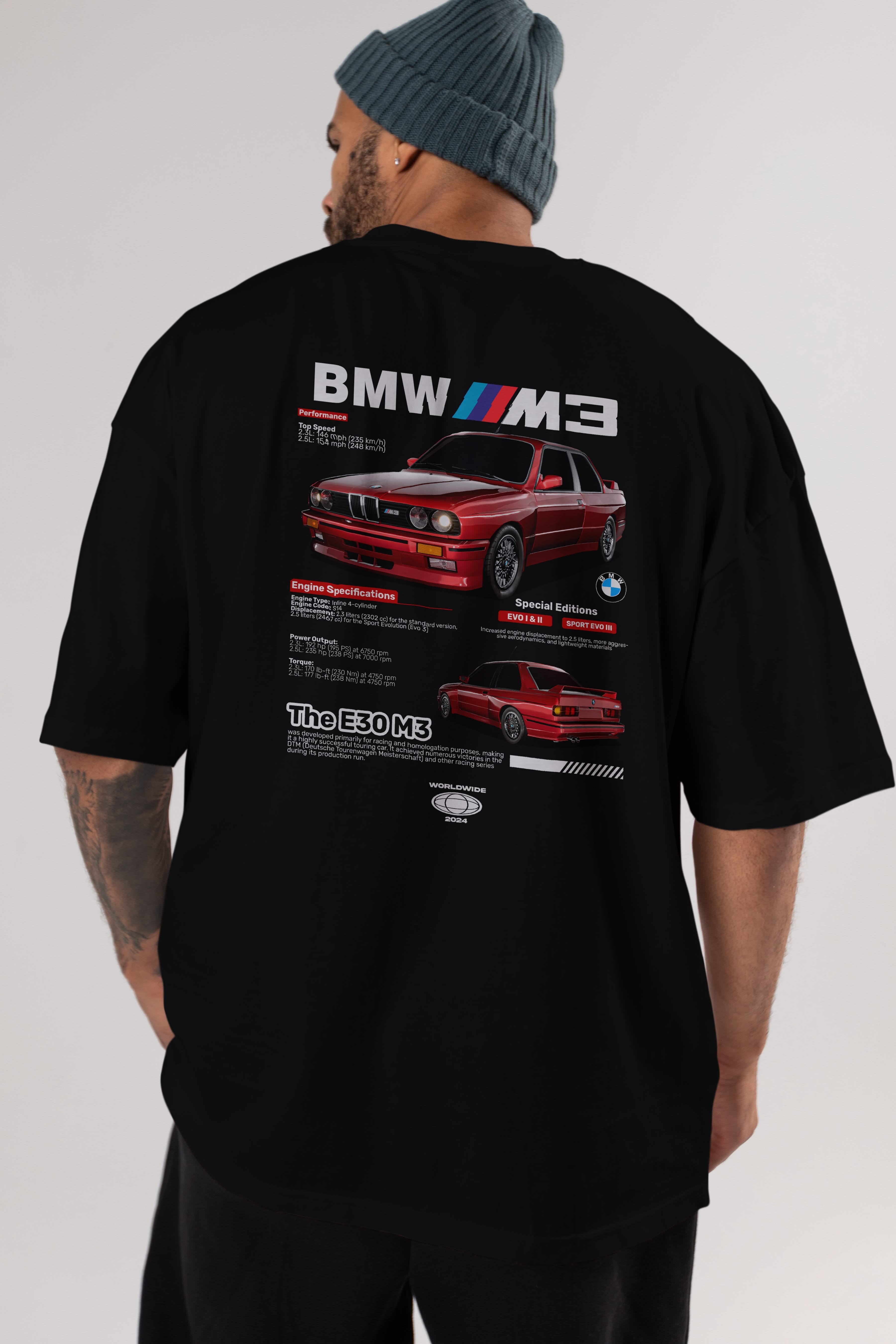 BMW E30 M3 Arka Baskılı Oversize t-shirt Erkek Kadın Unisex %100 Pamuk Bisiklet Yaka tişort