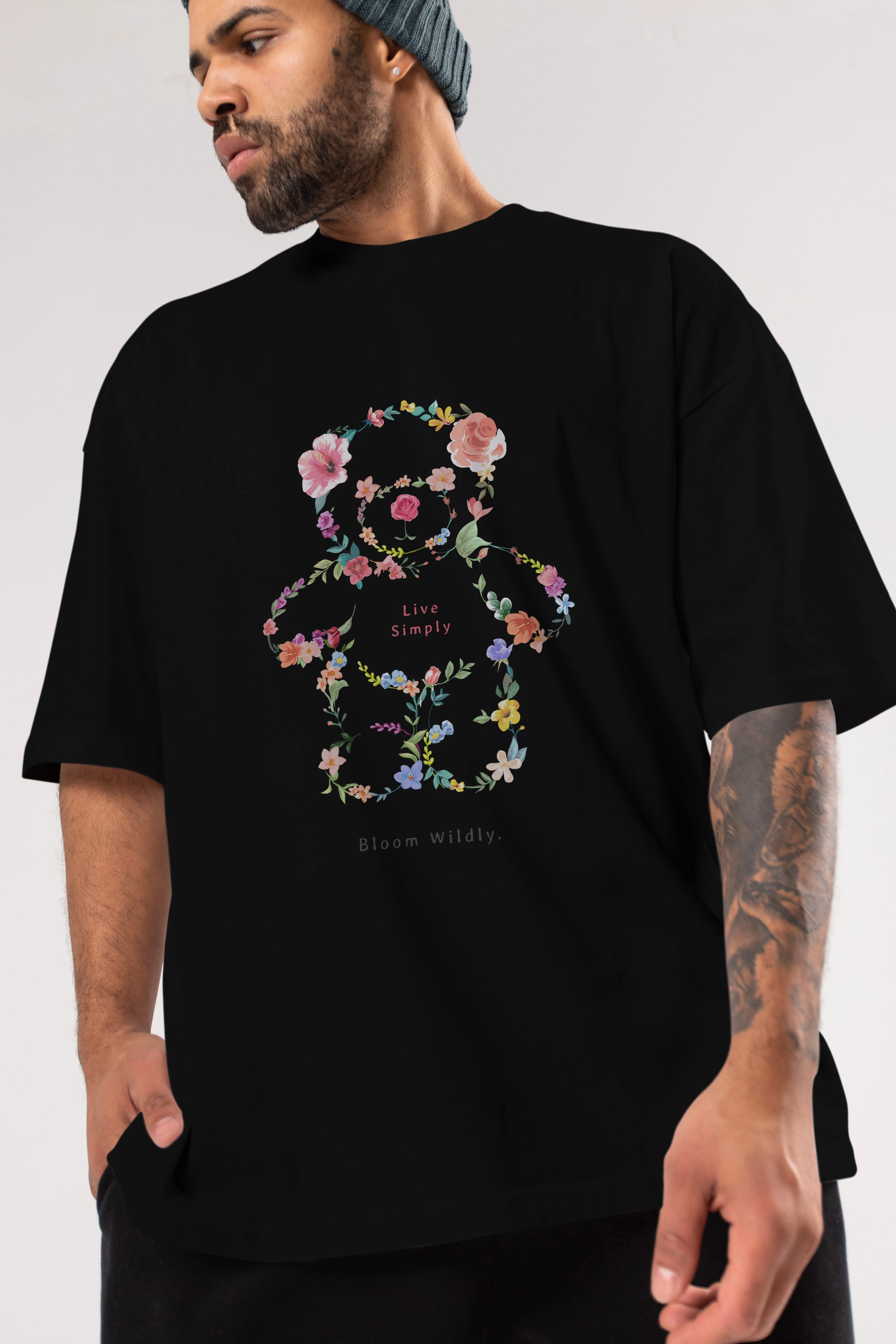 Teddy Bear Flowers Ön Baskılı Oversize t-shirt Erkek Kadın Unisex