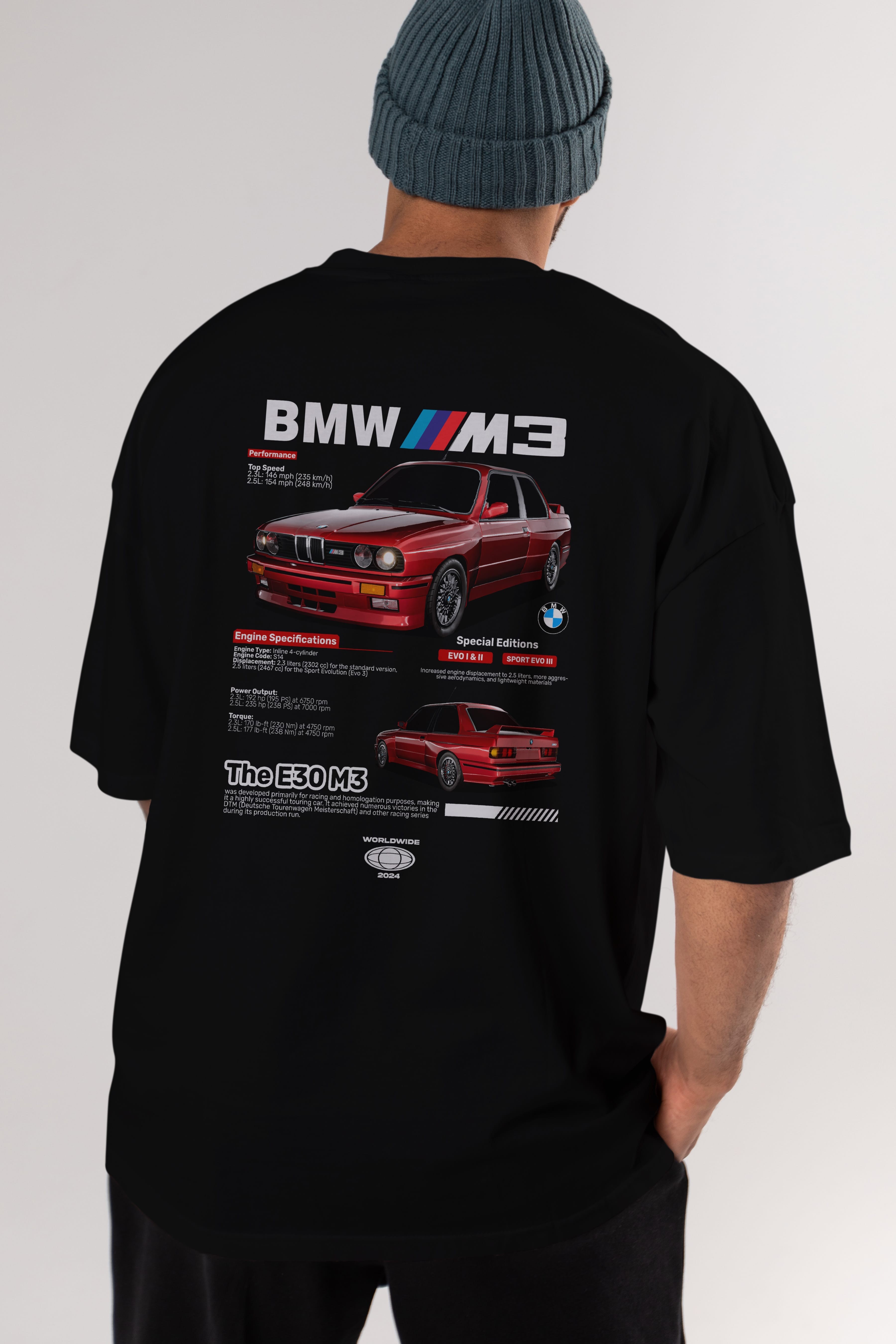 BMW E30 M3 Arka Baskılı Oversize t-shirt Erkek Kadın Unisex %100 Pamuk Bisiklet Yaka tişort
