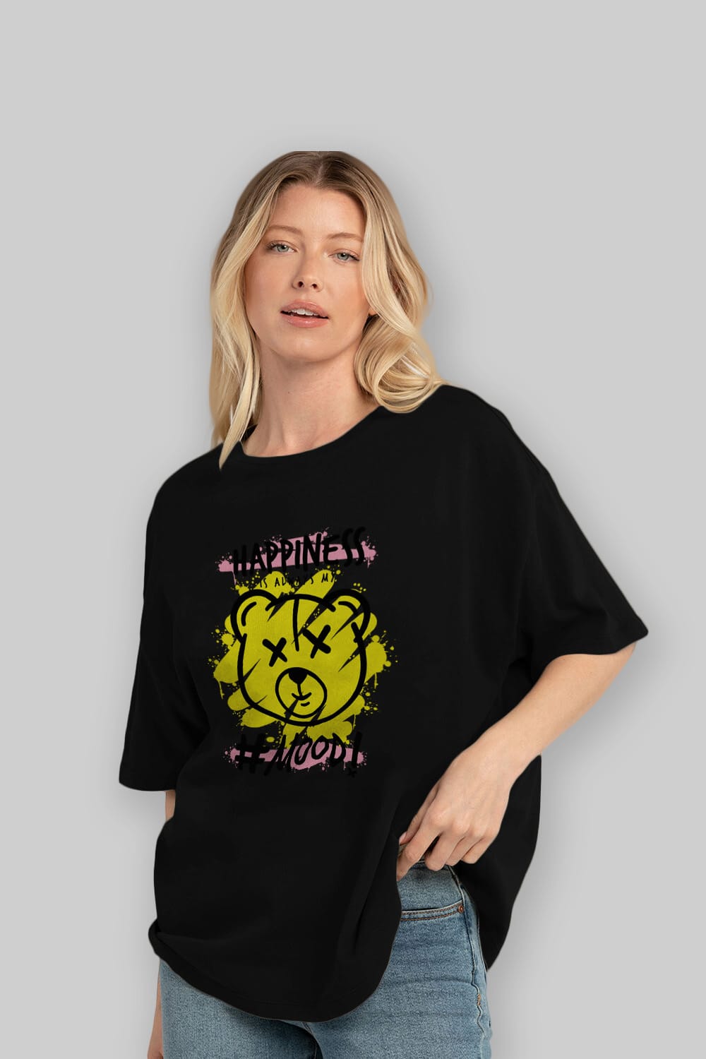 Happiness Mood Bear Ön Baskılı Oversize t-shirt Erkek Kadın Unisex