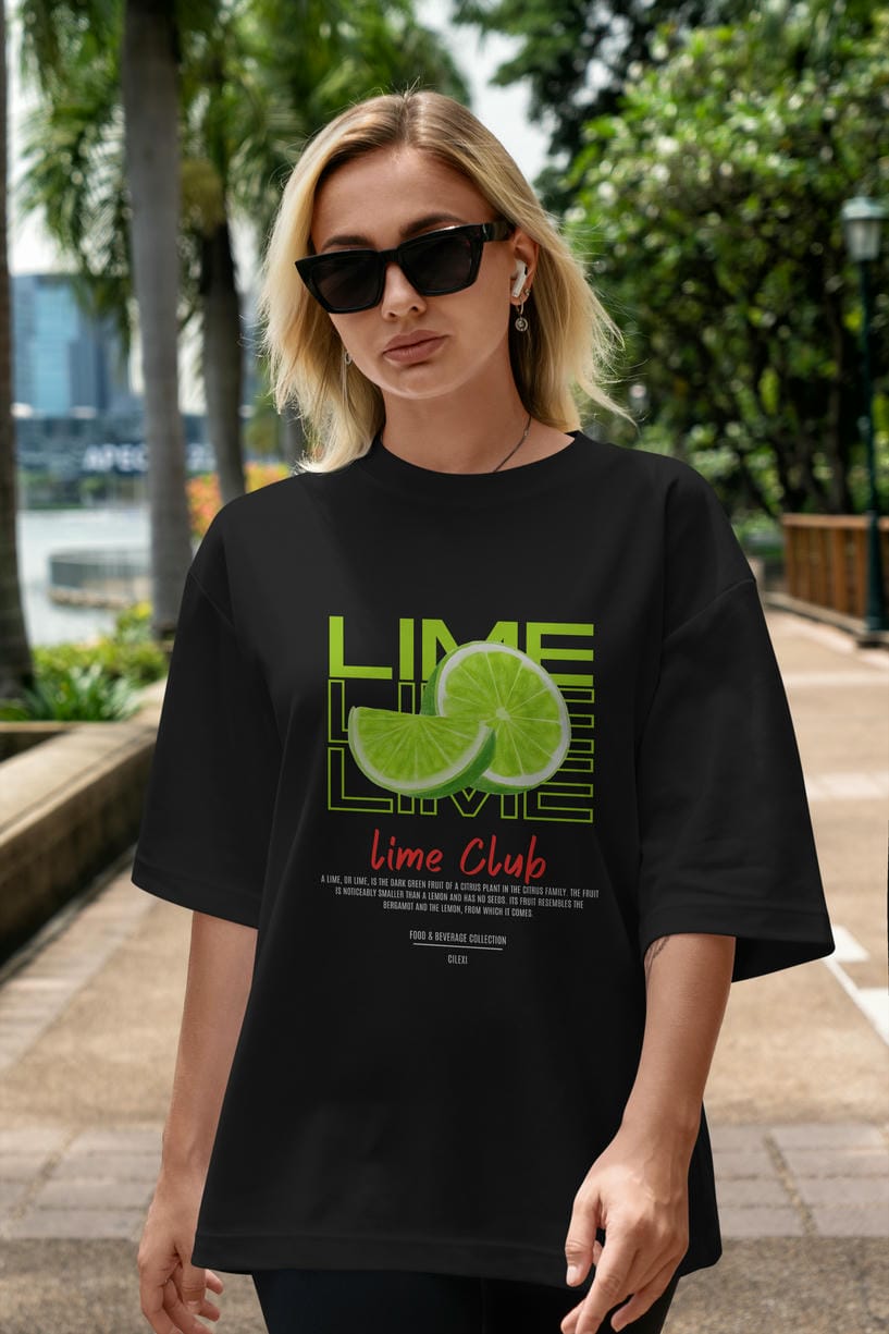 Lime Kokteyl Serisi ön Baskılı Oversize t-shirt Erkek Kadın %100 Pamuk Bisiklet Yaka tişort