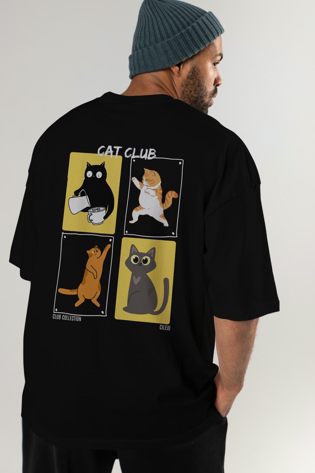 Cat Club Arka Baskılı Oversize t-shirt Erkek Kadın %100 Pamuk Bisiklet Yaka tişort