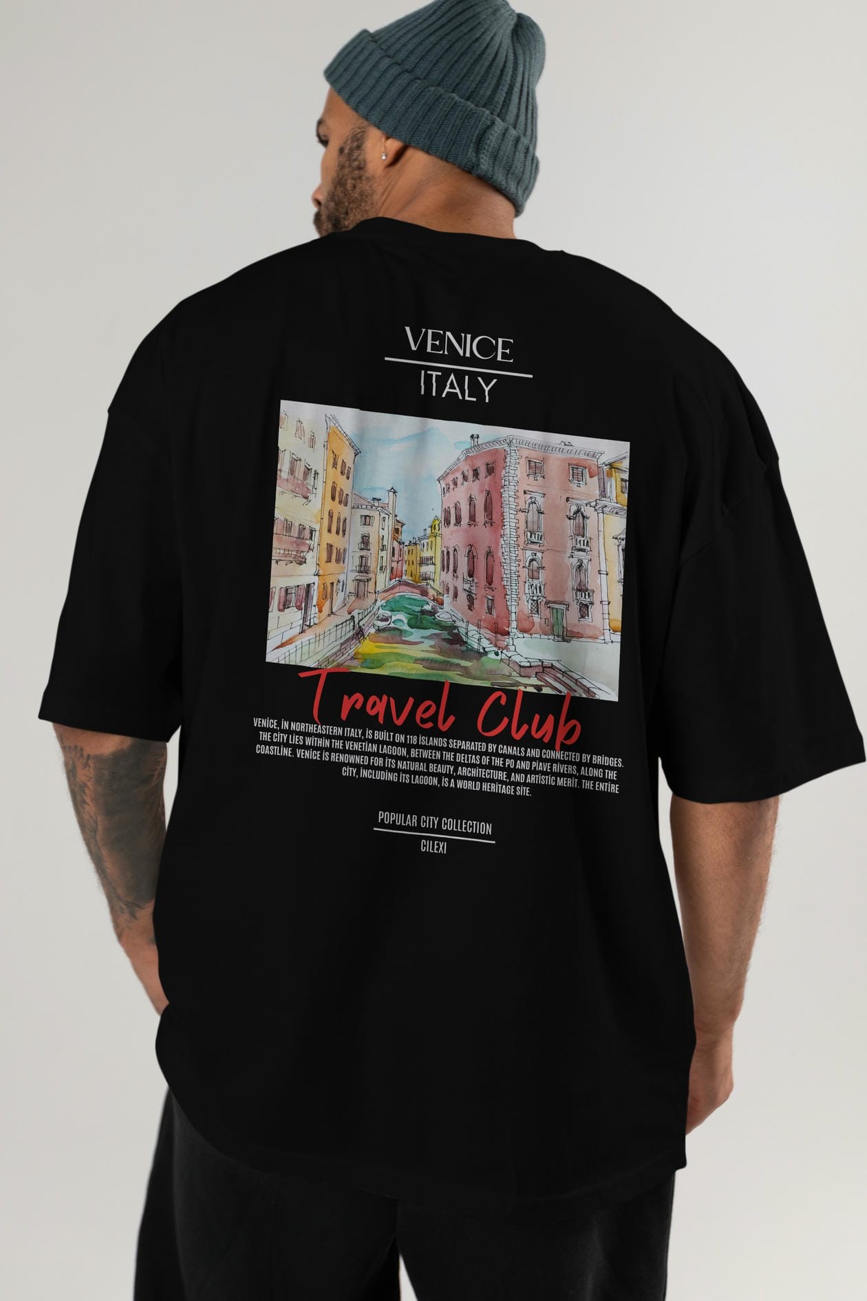 Venice İtaly Arka Baskılı Oversize t-shirt Erkek Kadın Pamuk Bisiklet Yaka tişort
