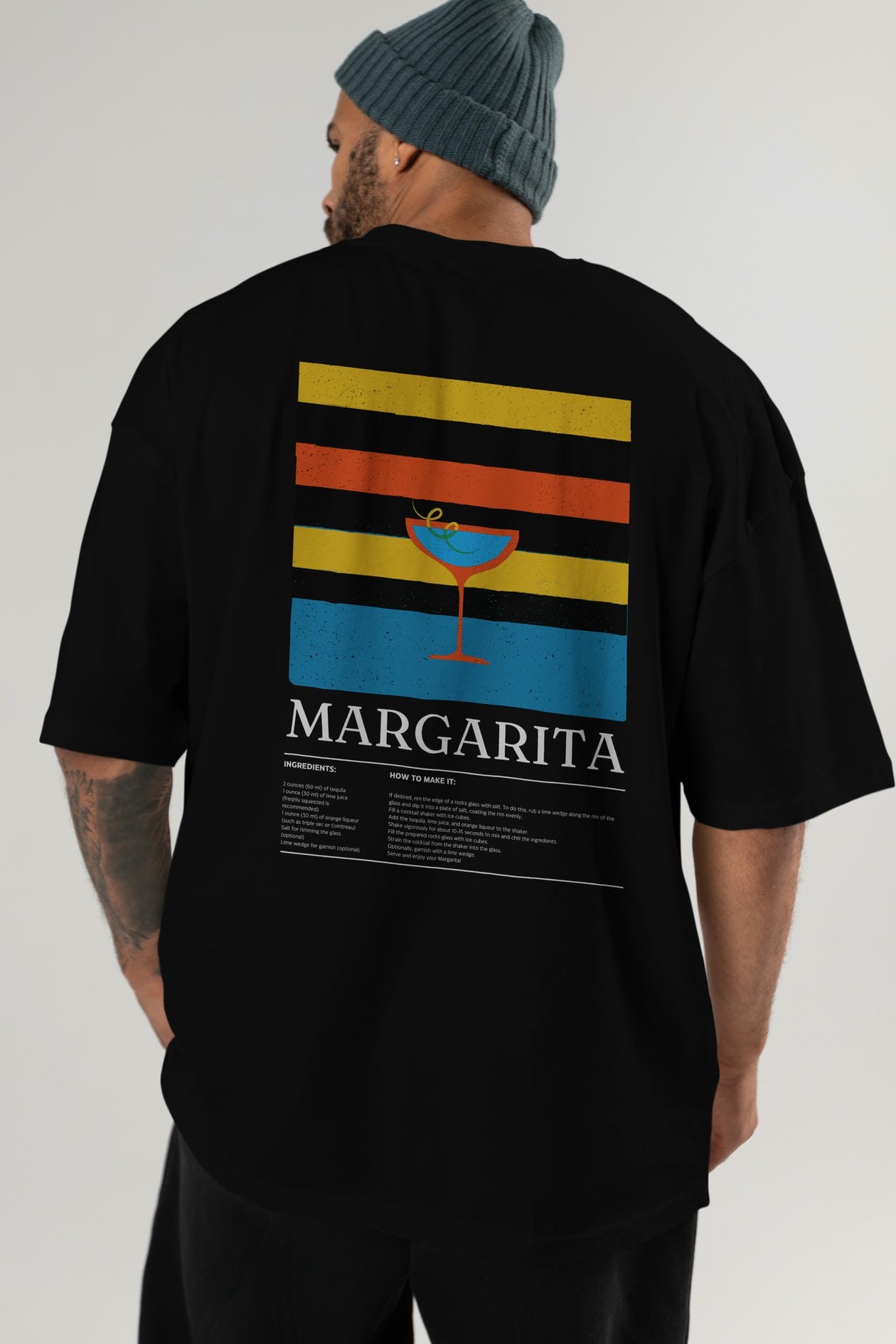 Margarita Kokteyl Serisi Arka Baskılı Oversize t-shirt Erkek Kadın %100 Pamuk Bisiklet Yaka tişort
