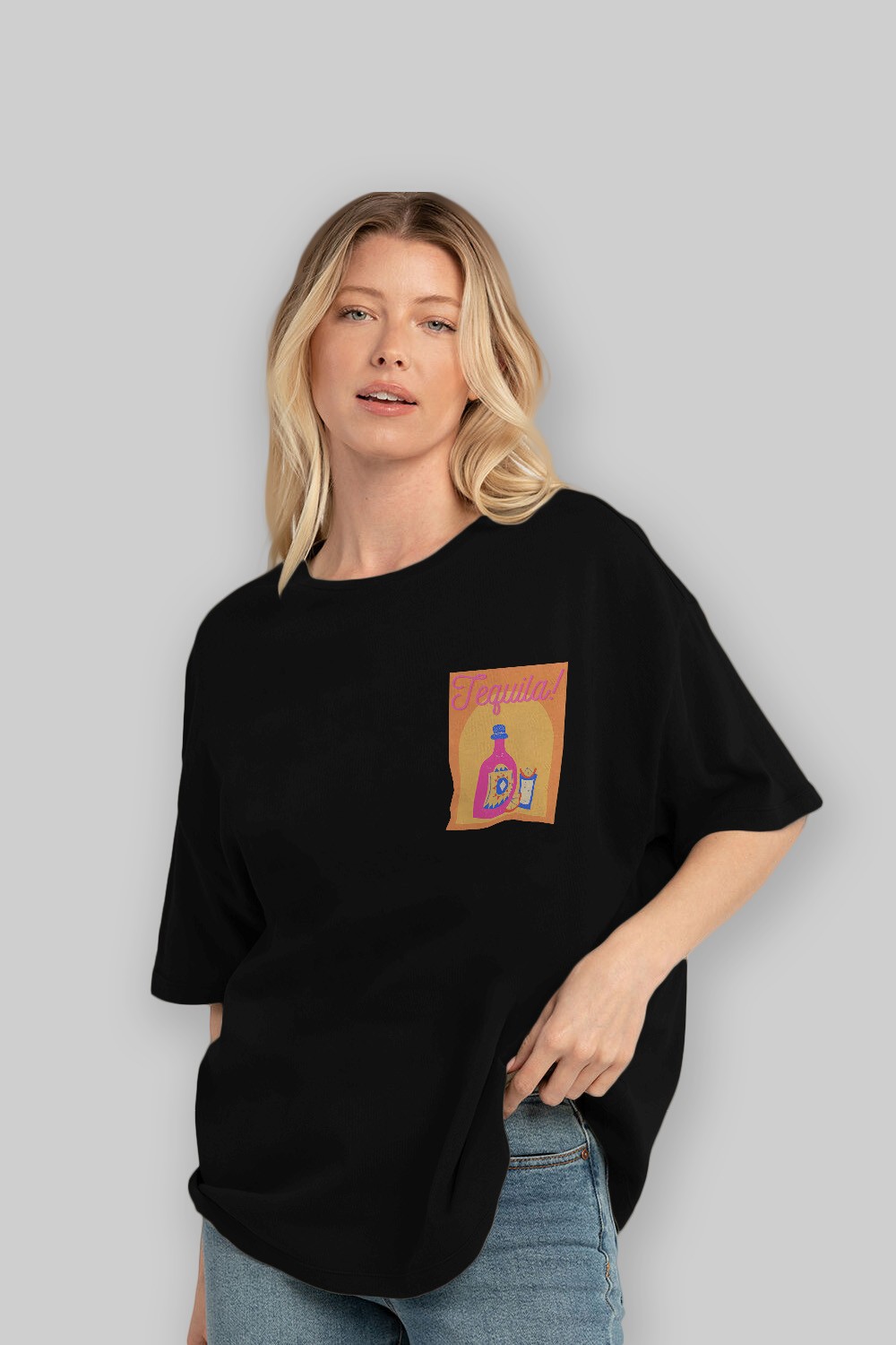 Tequila Ön Sol Baskılı Oversize t-shirt Erkek Kadın Unisex %100 Pamuk Bisiklet Yaka tişort