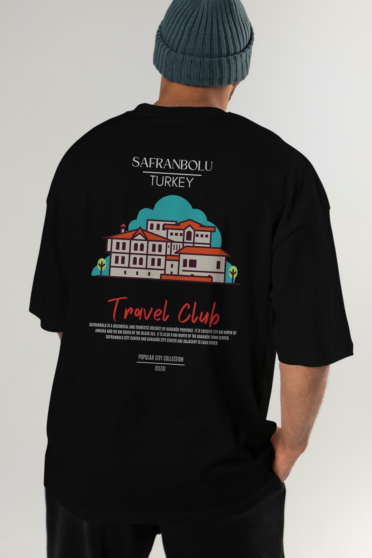 Safranbolu Turkey Arka Baskılı Oversize t-shirt Erkek Kadın Pamuk Bisiklet Yaka tişort