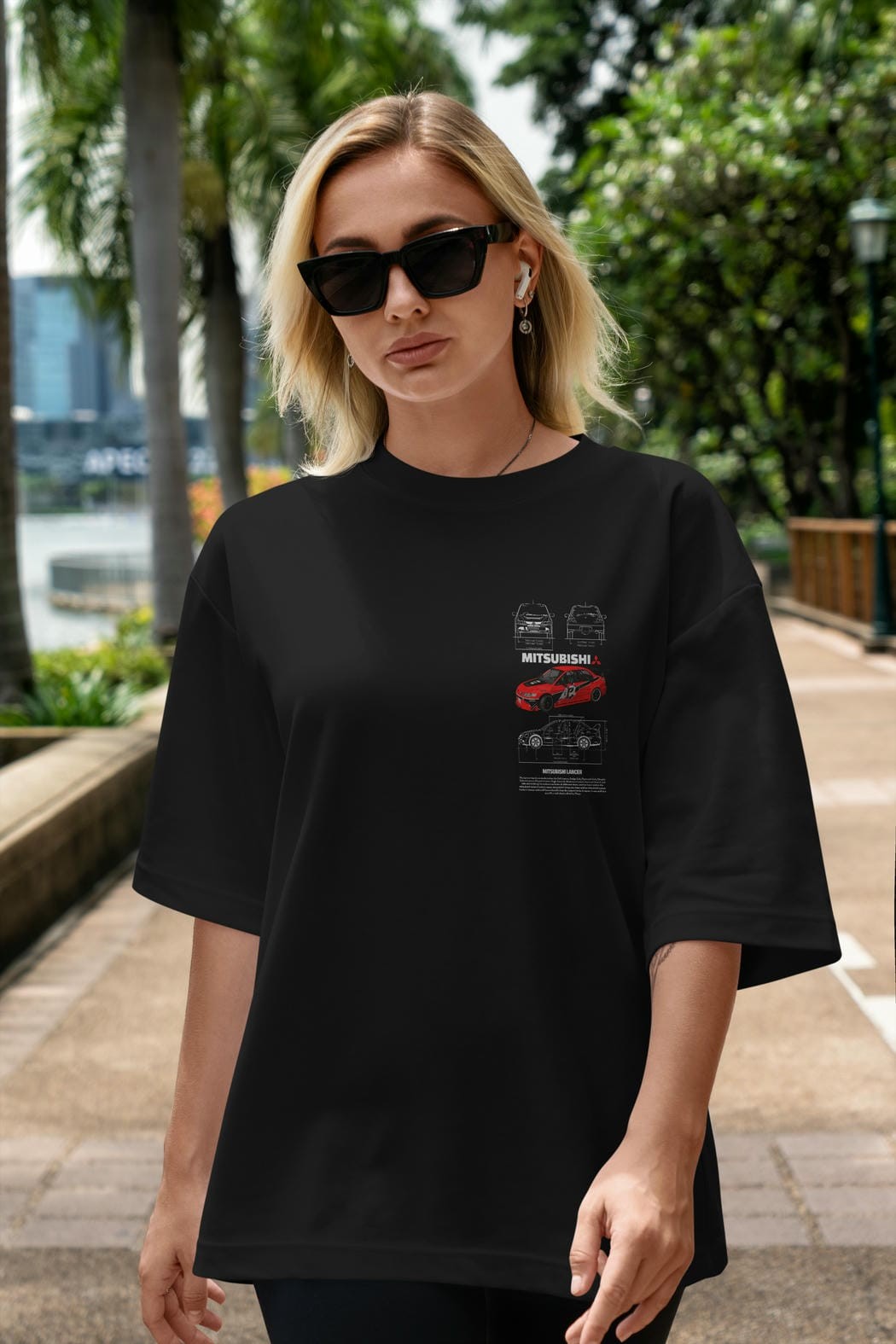 MITSUBISHI LANCER Ön Sol Baskılı Oversize t-shirt Erkek Kadın Unisex %100 Pamuk Bisiklet Yaka tişort