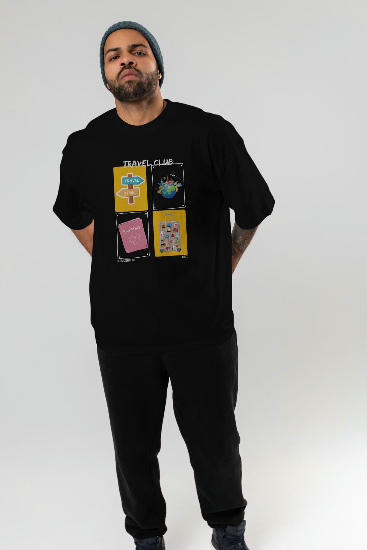 Travel Club ön Baskılı Oversize t-shirt Erkek Kadın %100 Pamuk Bisiklet Yaka tişort