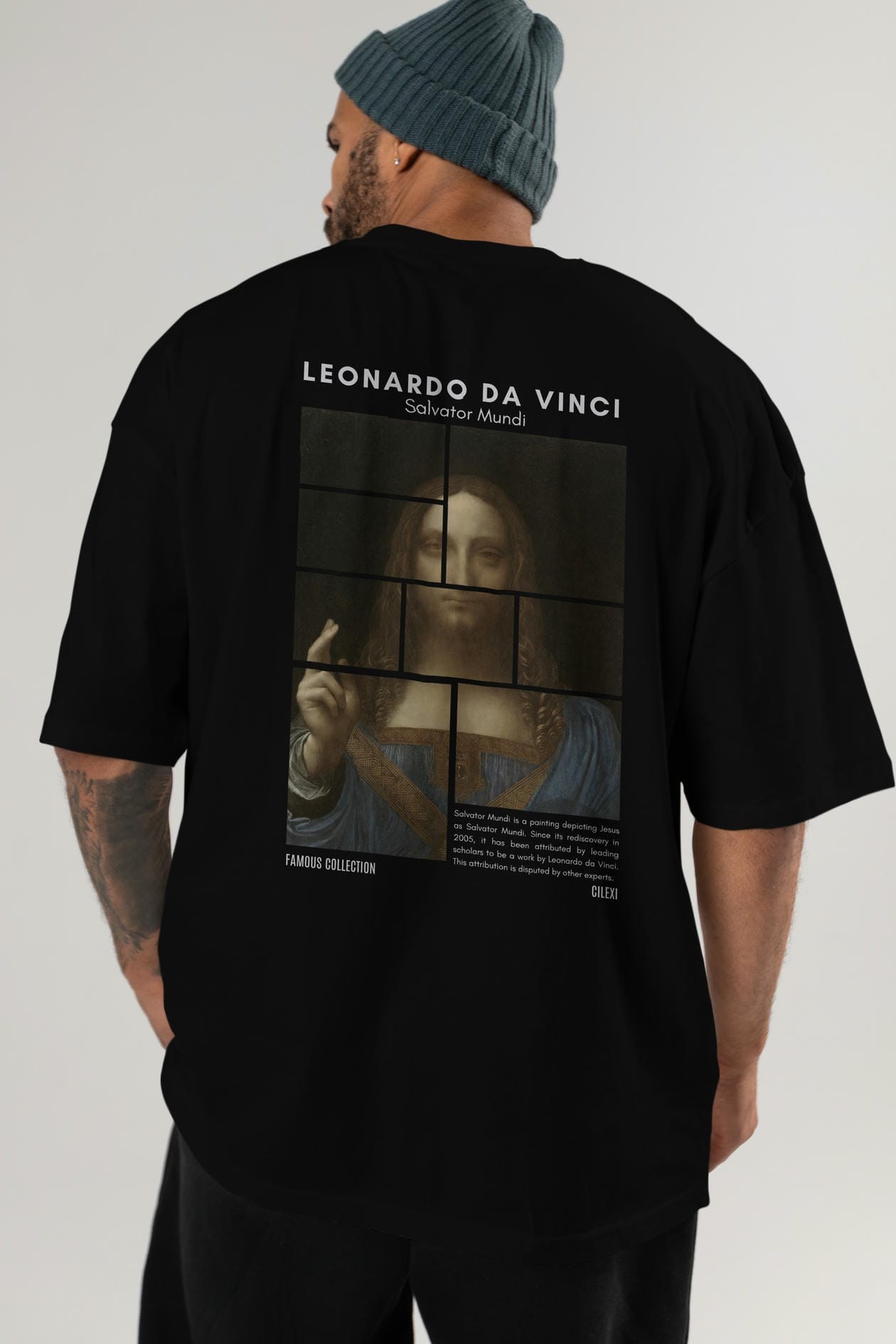 Salvador Mundi Arka Baskılı Oversize t-shirt Erkek Kadın Bisiklet Yaka Pamuk tişort