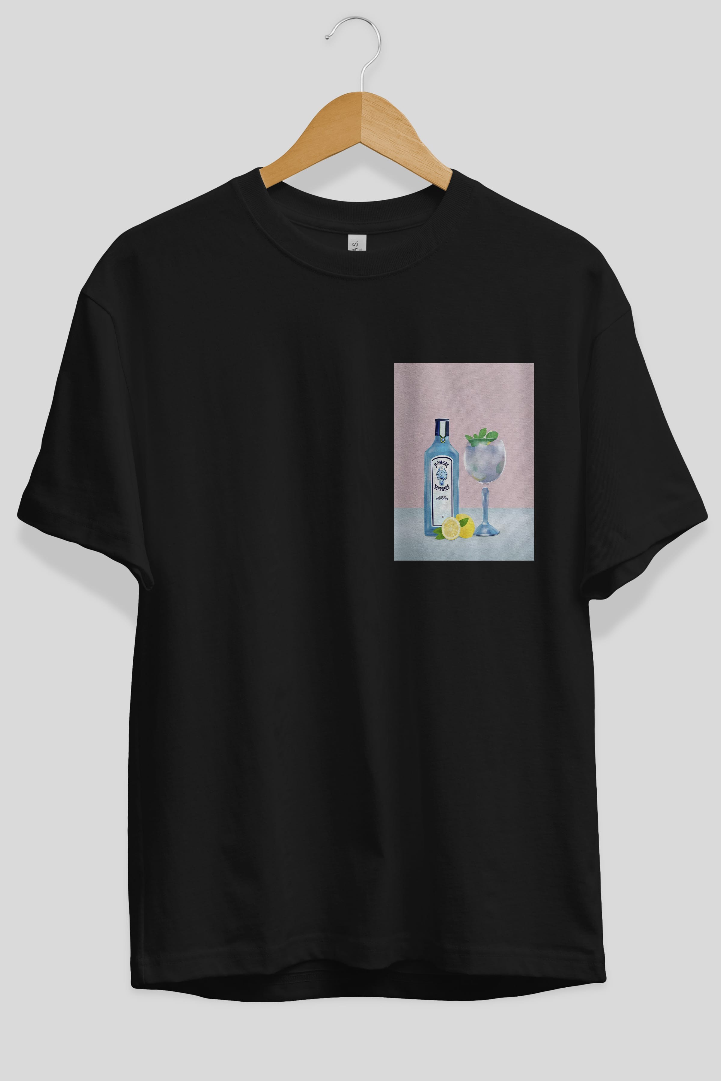 Bombay Sapphire Dry Gin Ön Sol Baskılı Oversize t-shirt Erkek Kadın Unisex %100 Pamuk Bisiklet Yaka tişort