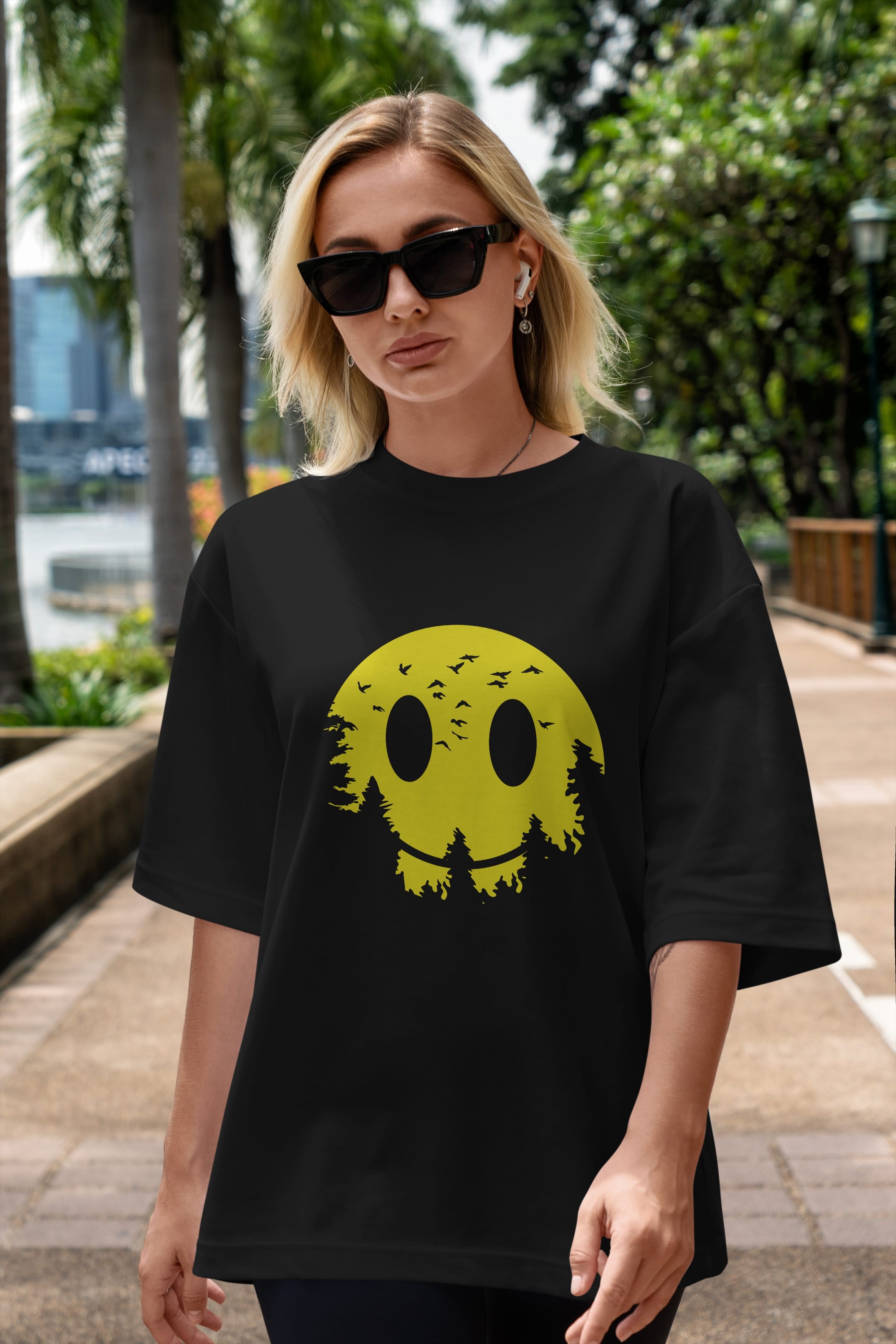 Smiley Moon Ön Baskılı Oversize t-shirt %100 pamuk Erkek Kadın Unisex