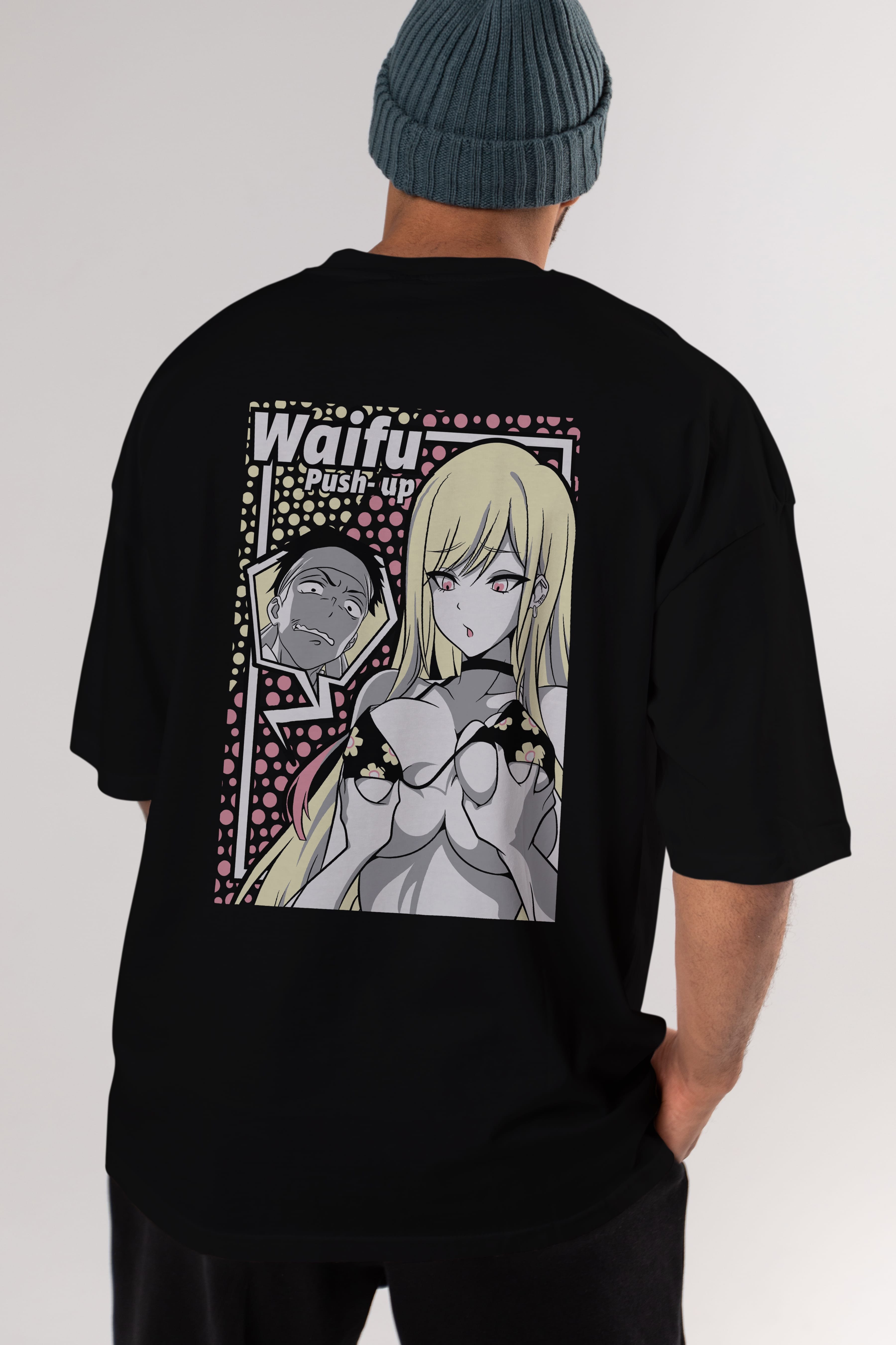 Waifu PushUp Anime Arka Baskılı Oversize t-shirt Erkek Kadın Unisex