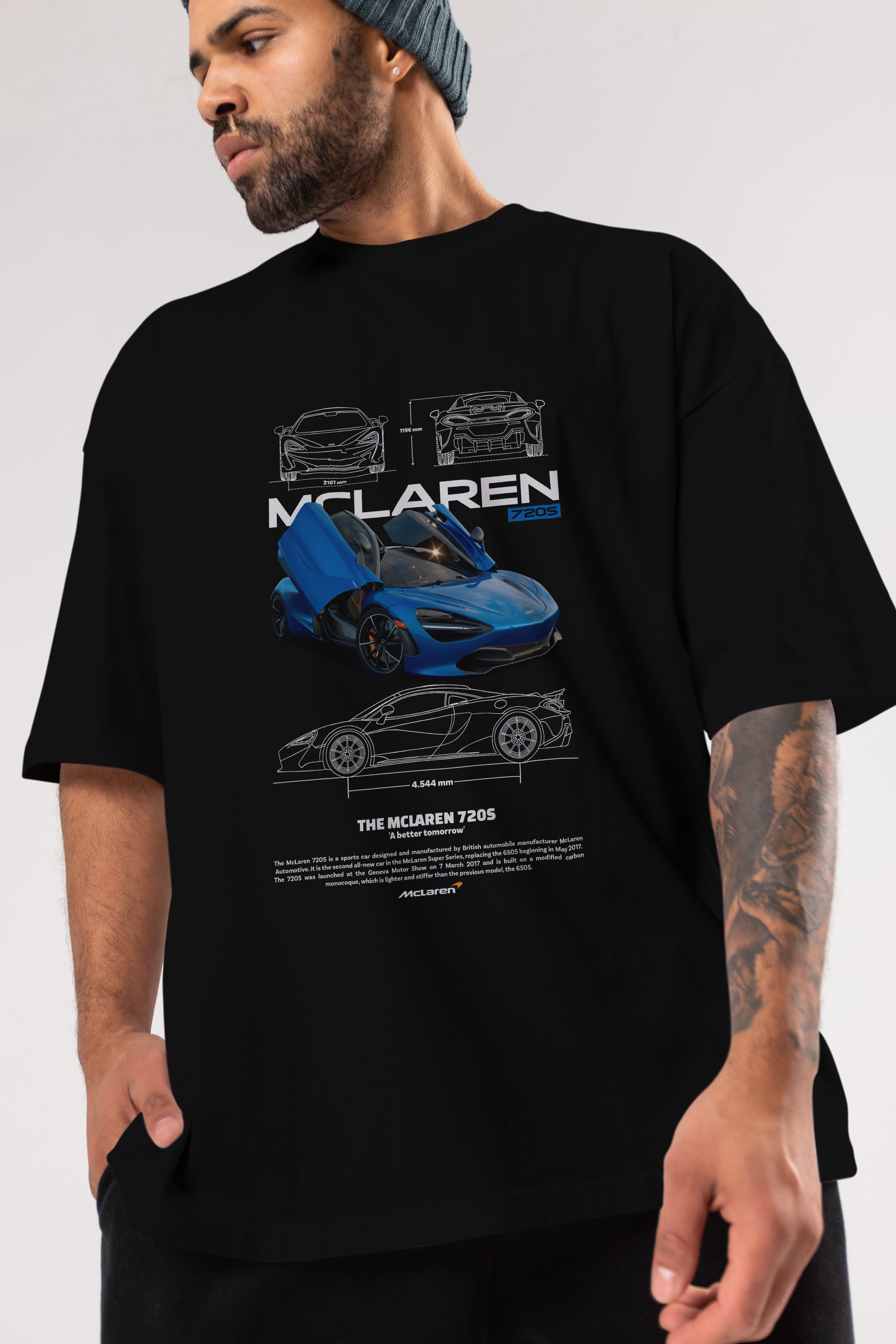 McLaren 720S Ön Baskılı Oversize t-shirt Erkek Kadın Unisex %100 Pamuk Bisiklet Yaka tişort