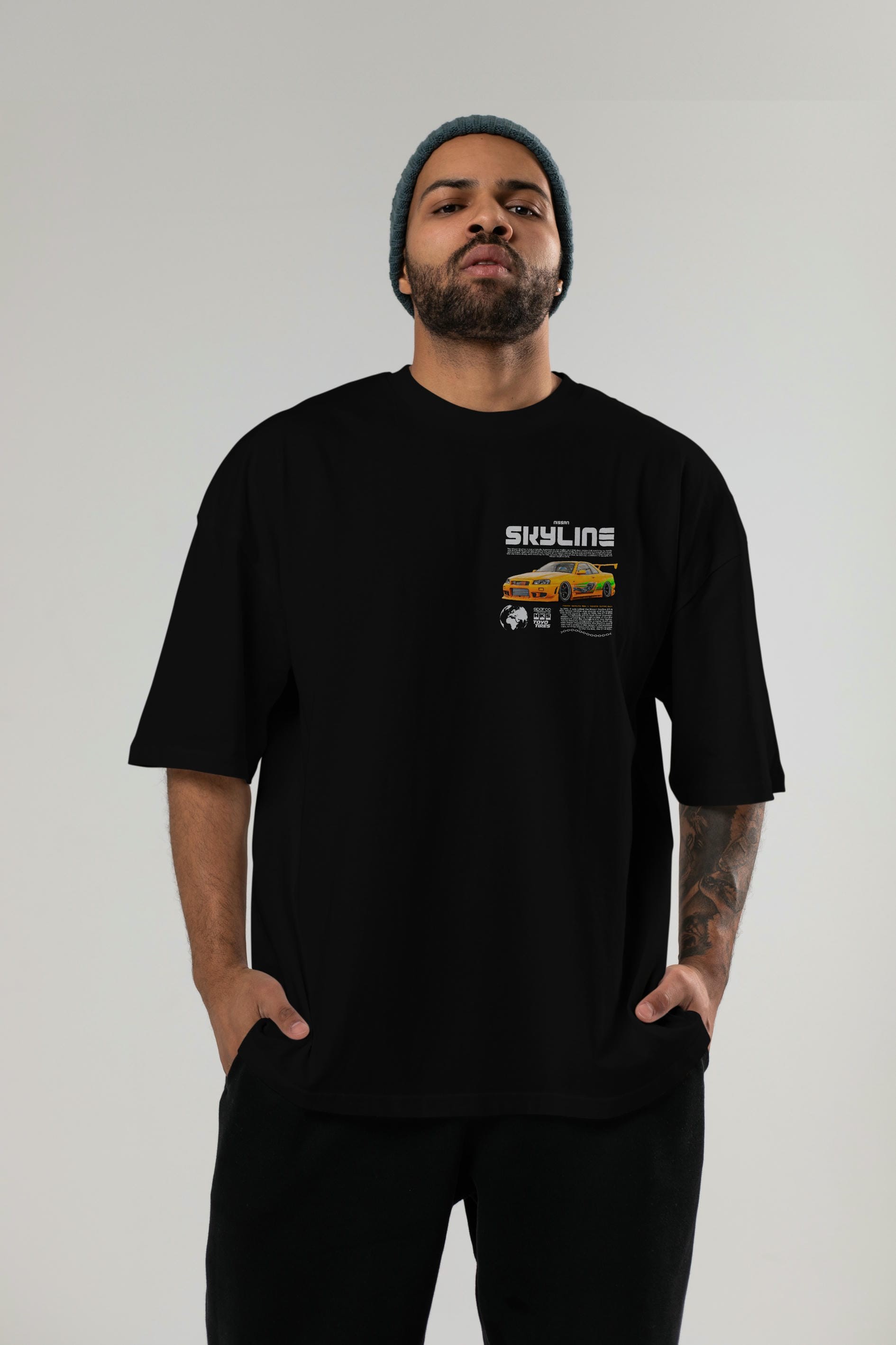 SKYLINE X SUPRA Ön Sol Baskılı Oversize t-shirt Erkek Kadın Unisex %100 Pamuk Bisiklet Yaka tişort