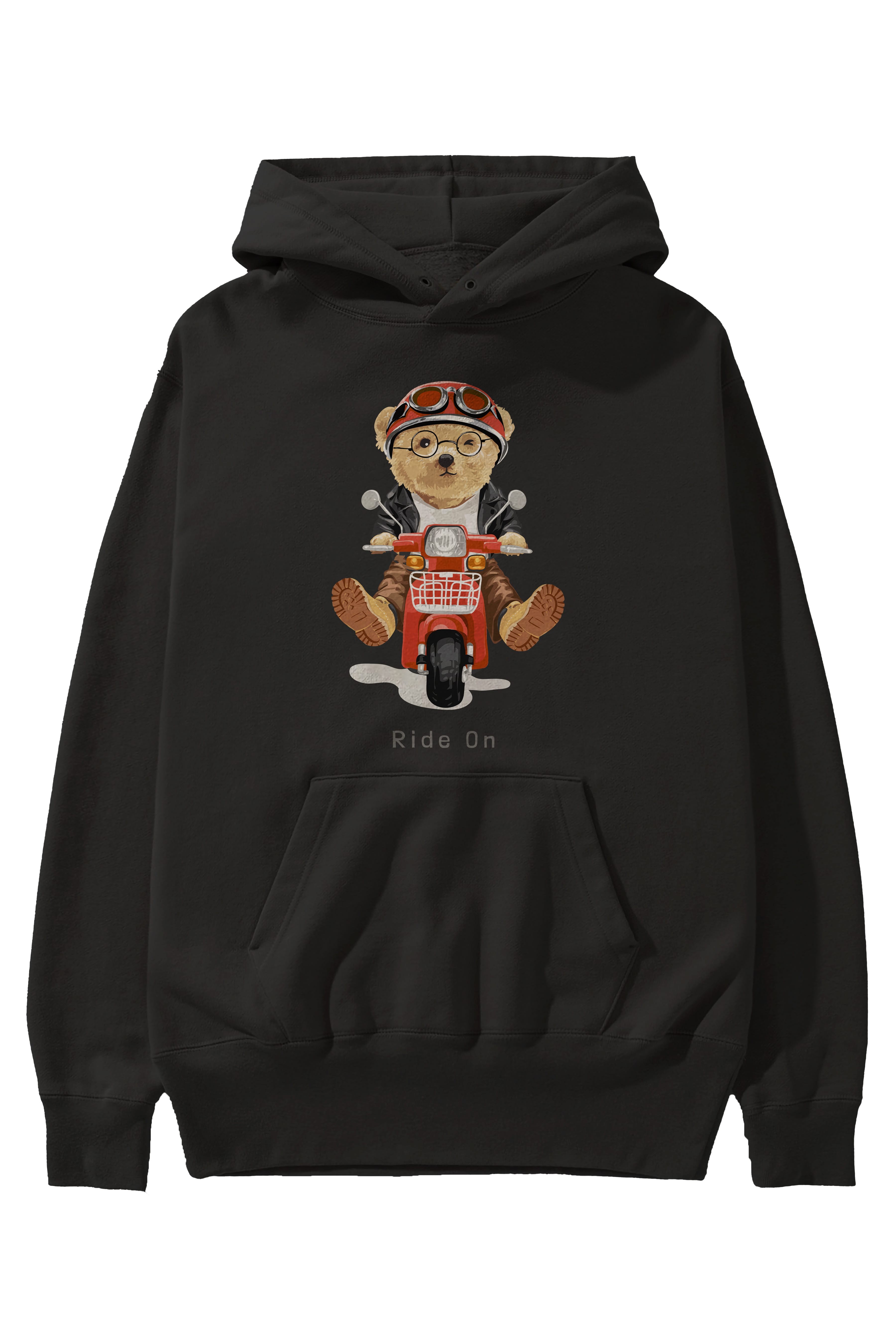 Teddy Bear Ride On Ön Baskılı Hoodie Oversize Kapüşonlu Sweatshirt Erkek Kadın Unisex