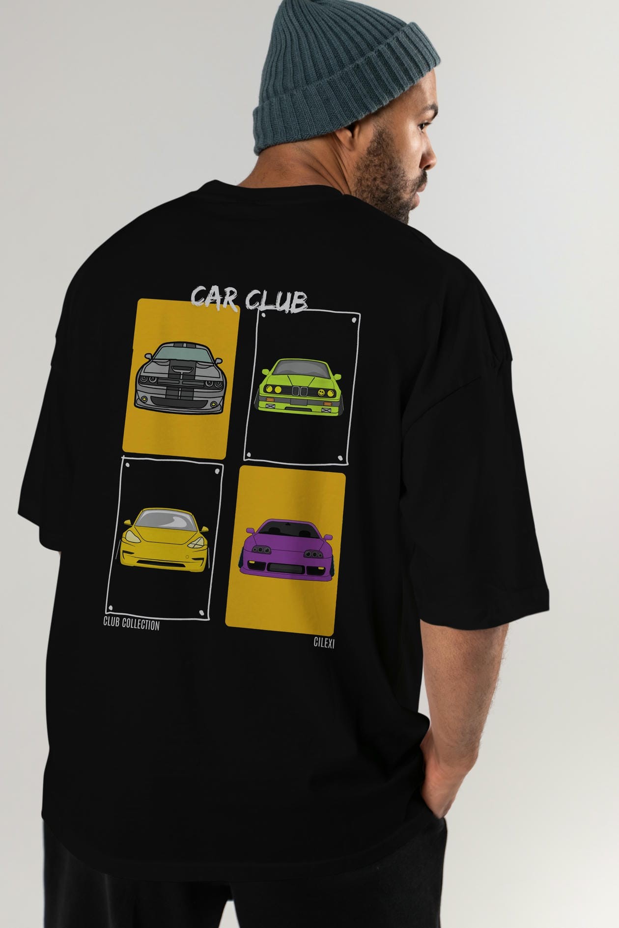 Car Club Arka Baskılı Oversize t-shirt Erkek Kadın %100 Pamuk Bisiklet Yaka tişort