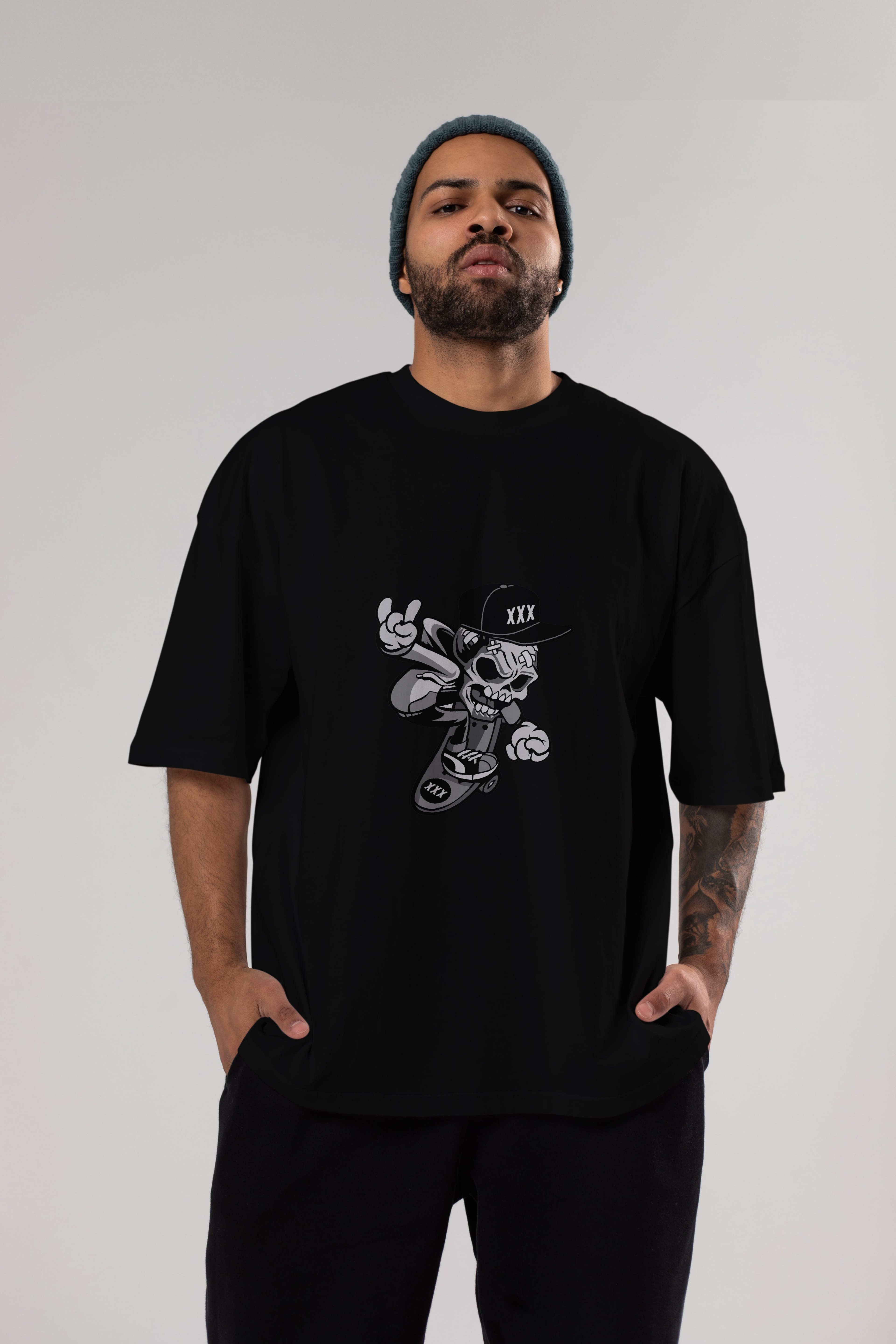 Skull Skateboard Ön Baskılı Oversize t-shirt Erkek Kadın Unisex %100 Pamuk tişort