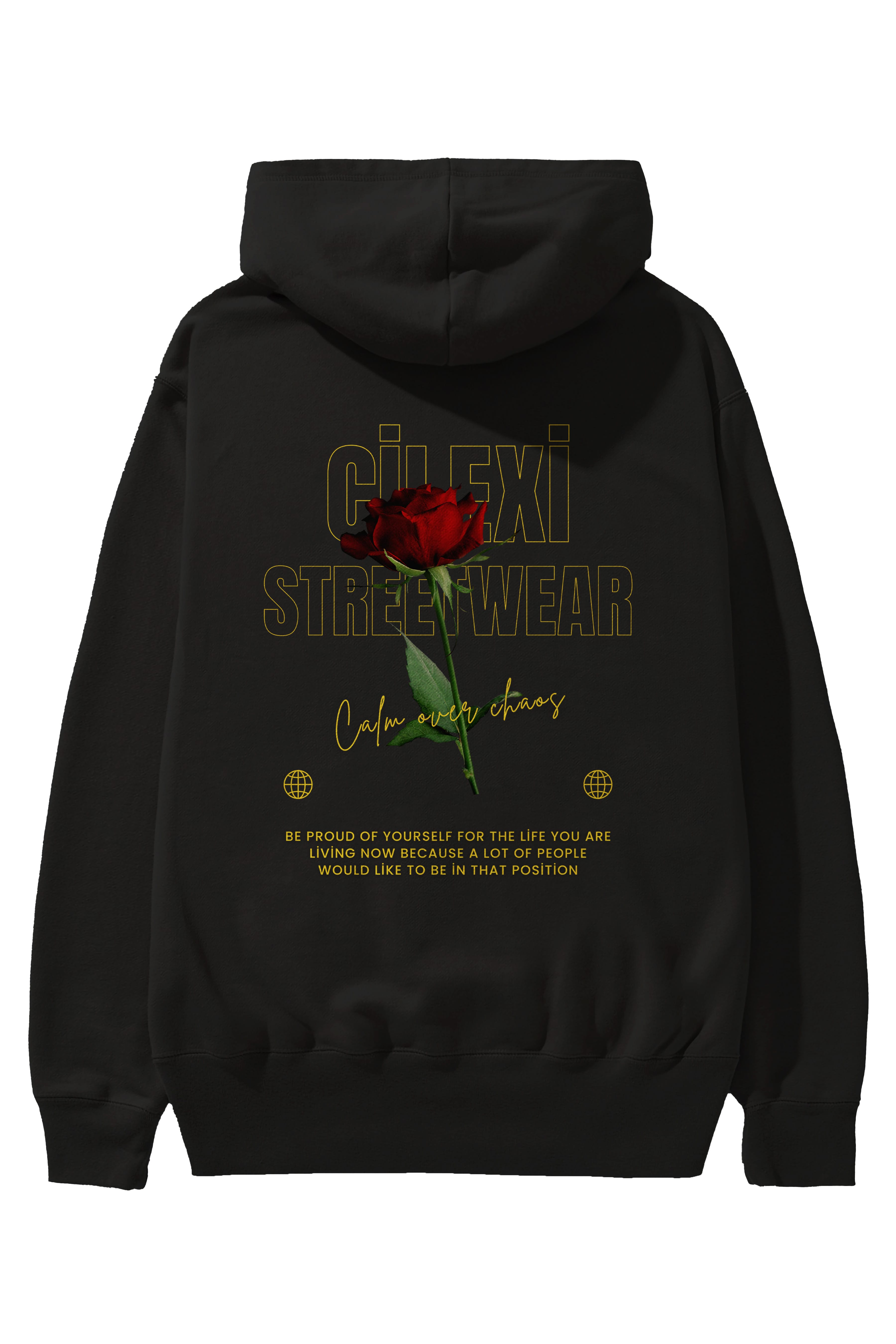 Rose Cilexi Streetwear Arka Baskılı Oversize Hoodie Kapüşonlu Sweatshirt Erkek Kadın Unisex