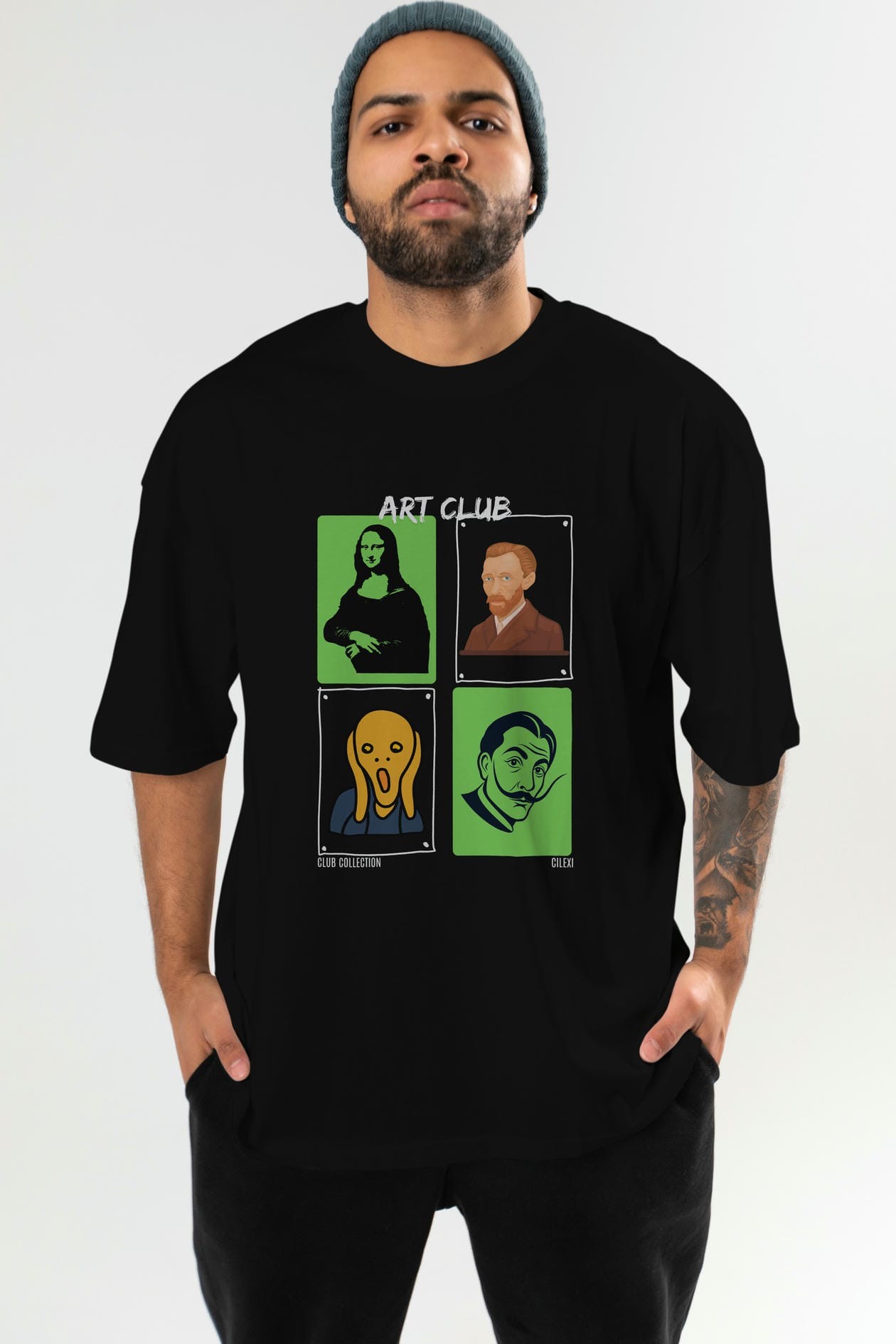 Art Club ön Baskılı Oversize t-shirt Erkek Kadın %100 Pamuk Bisiklet Yaka tişort
