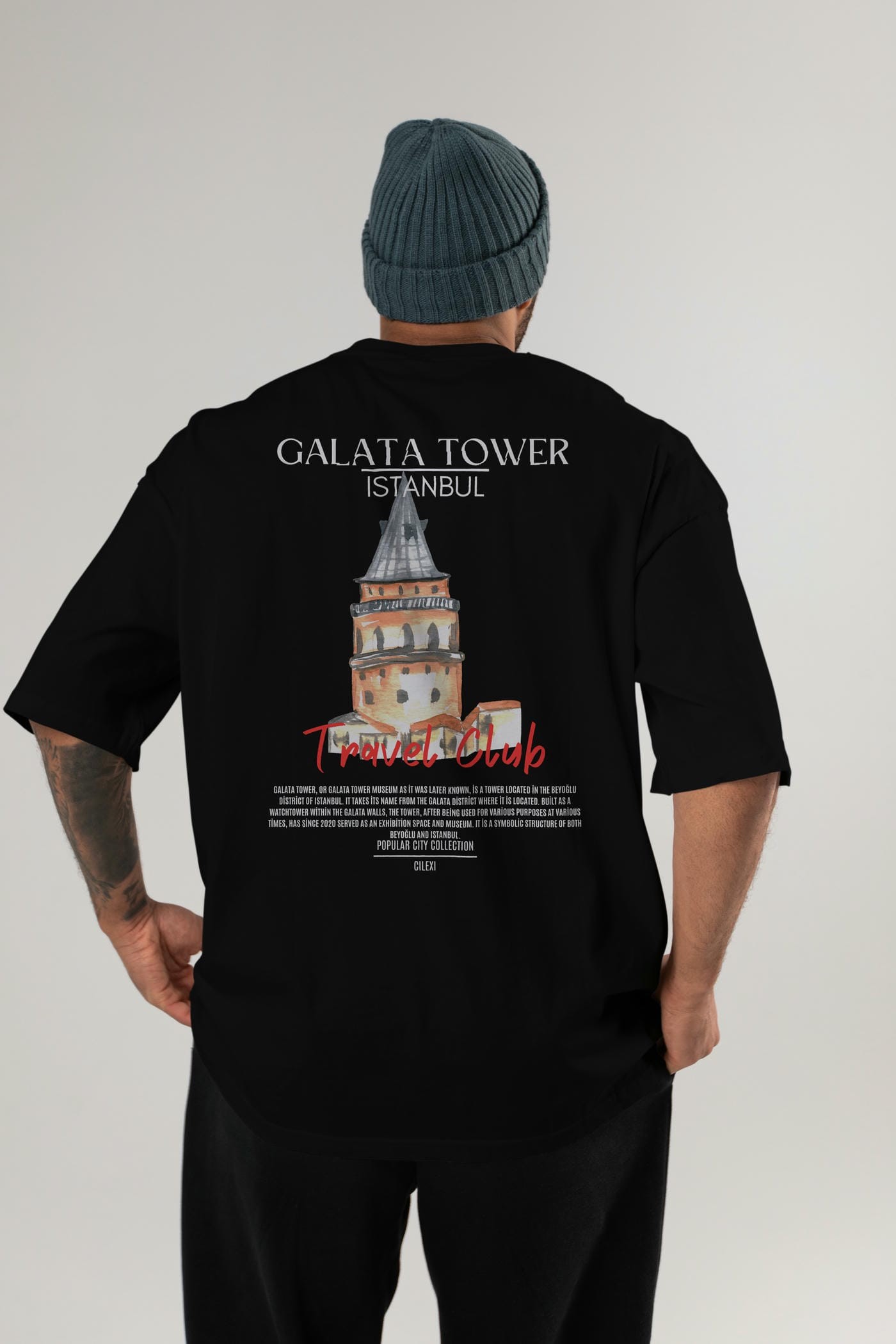 Galata Tower İstanbul Arka Baskılı Oversize t-shirt Erkek Kadın Pamuk Bisiklet Yaka tişort