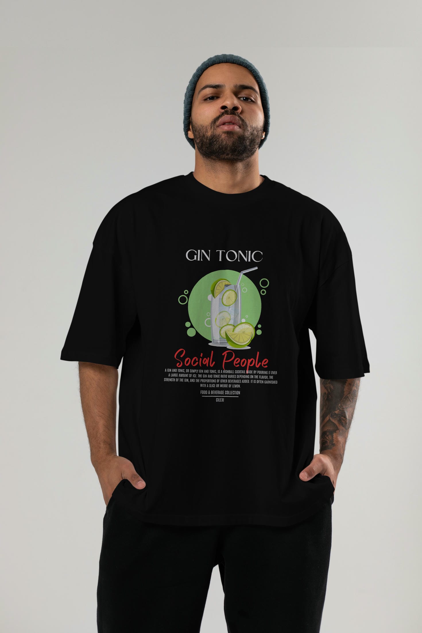 Gın Tonıc Kokteyl Serisi ön Baskılı Oversize t-shirt Erkek Kadın %100 Pamuk Bisiklet Yaka tişort