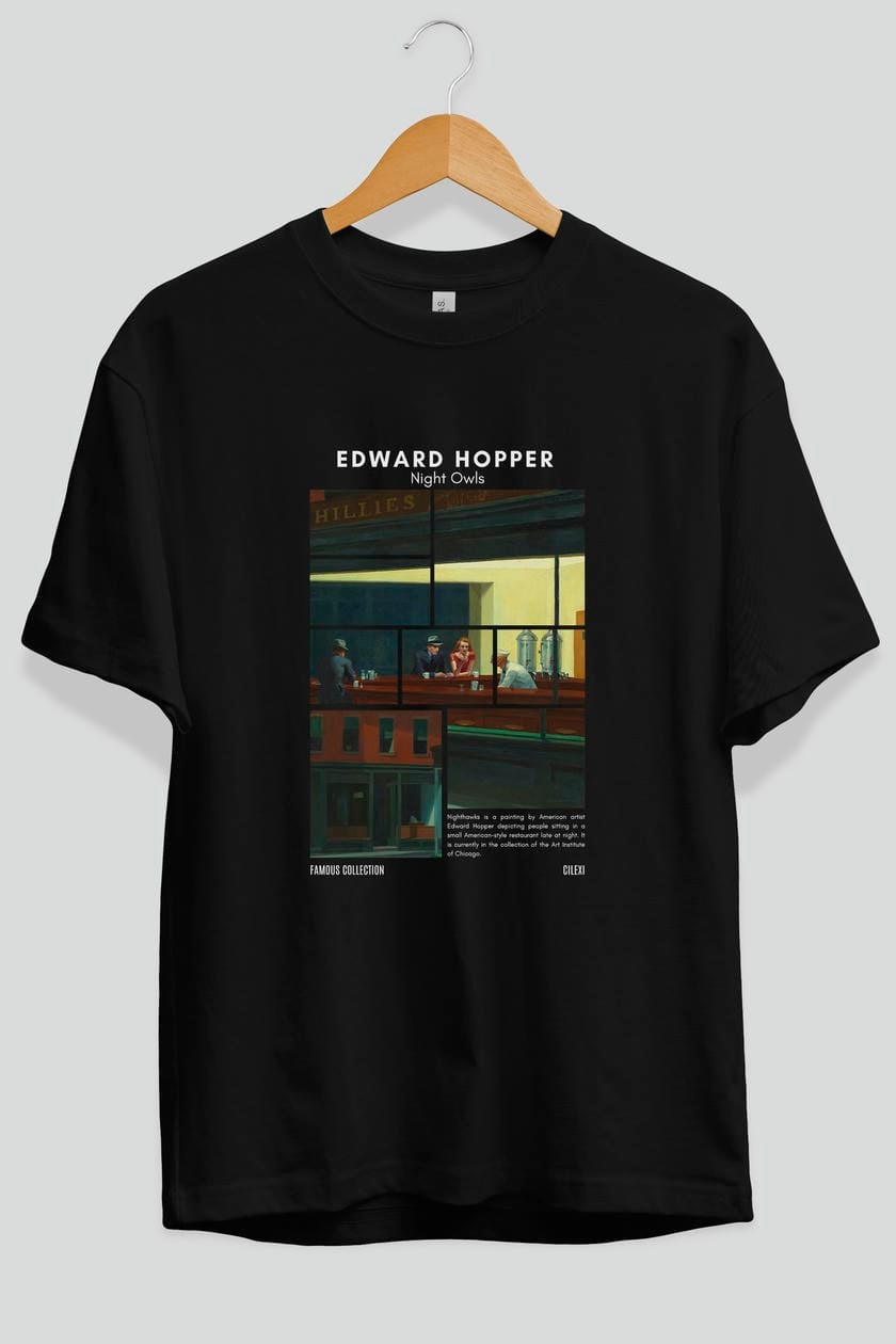 Edward Hopper Night Owls ön Baskılı Oversize t-shirt Erkek Kadın Bisiklet Yaka Pamuk tişort