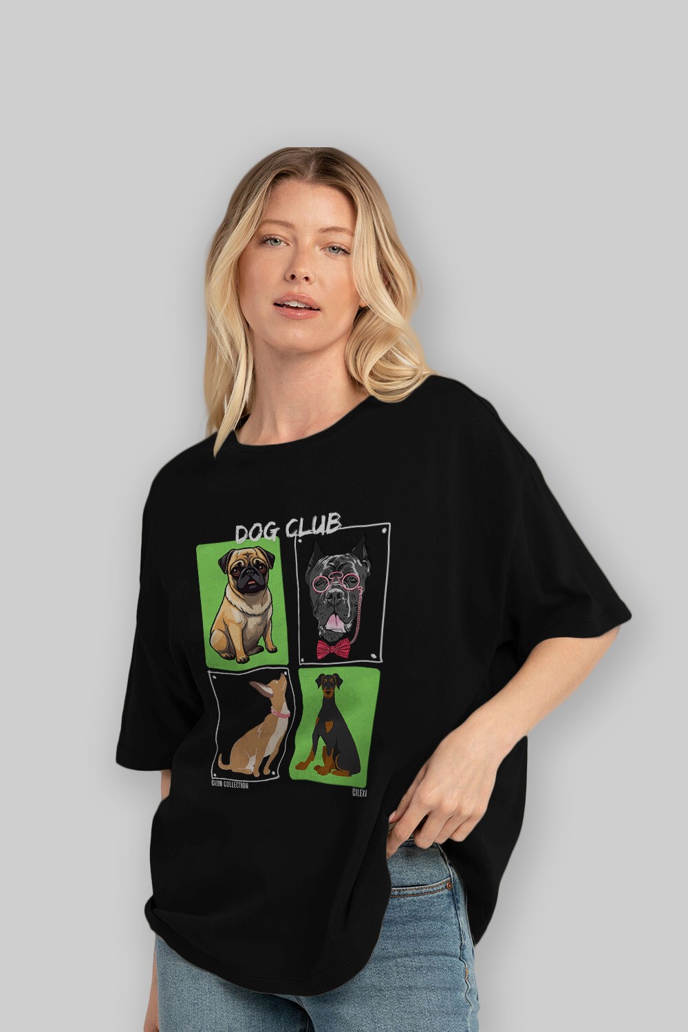 Dog Club ön Baskılı Oversize t-shirt Erkek Kadın %100 Pamuk Bisiklet Yaka tişort