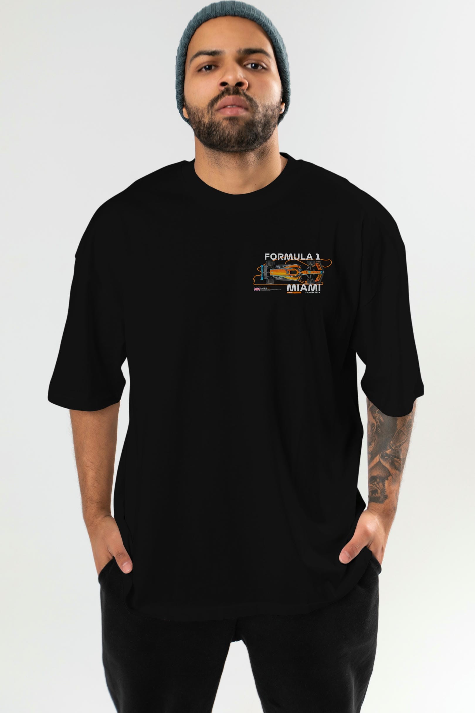 Formula 1 Miami Grand Prix Ön Sol Baskılı Oversize t-shirt Erkek Kadın Unisex %100 Pamuk Bisiklet Yaka tişort
