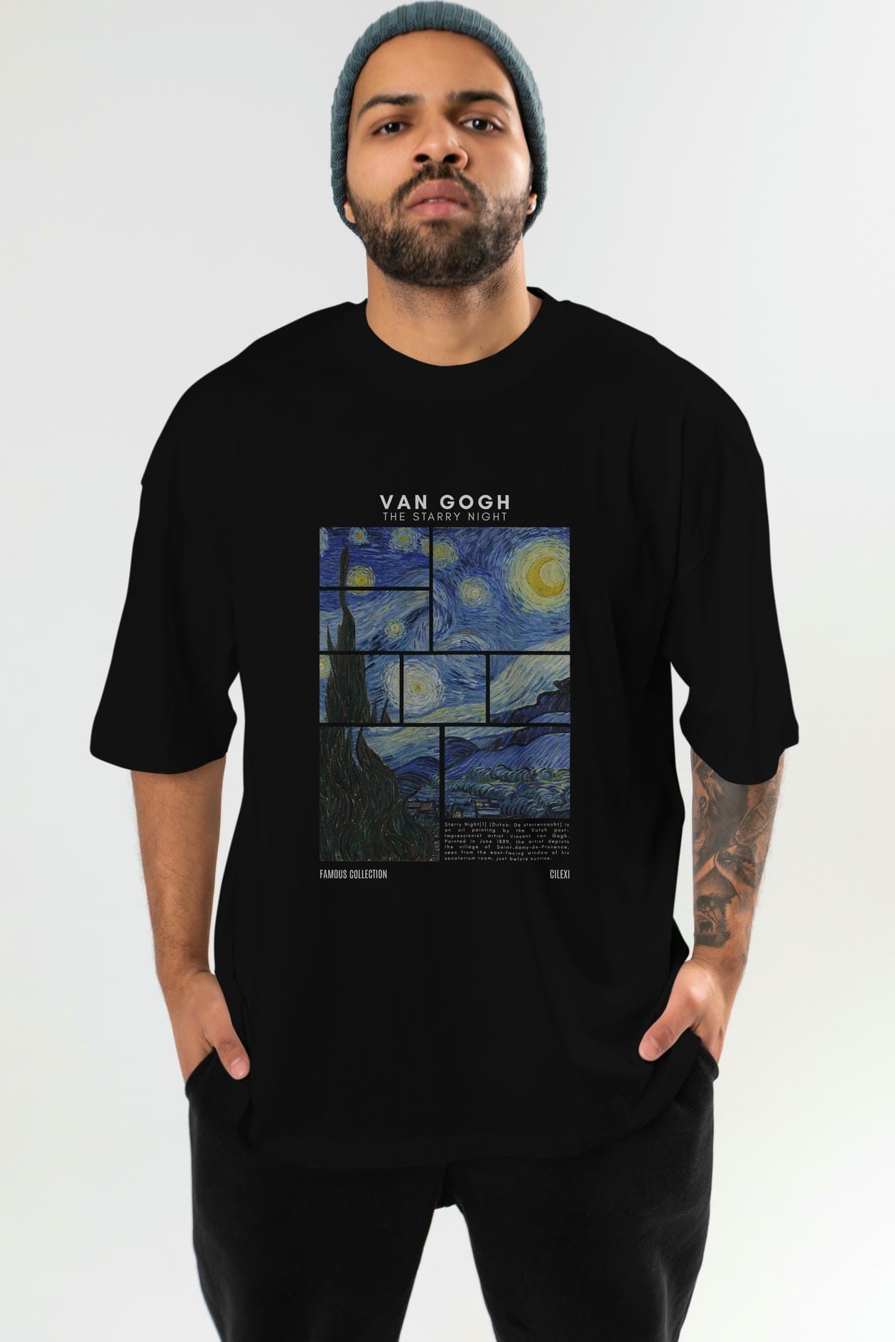 Van Gogh The Starry Night ön Baskılı Oversize t-shirt Erkek Kadın Bisiklet Yaka Pamuk tişort