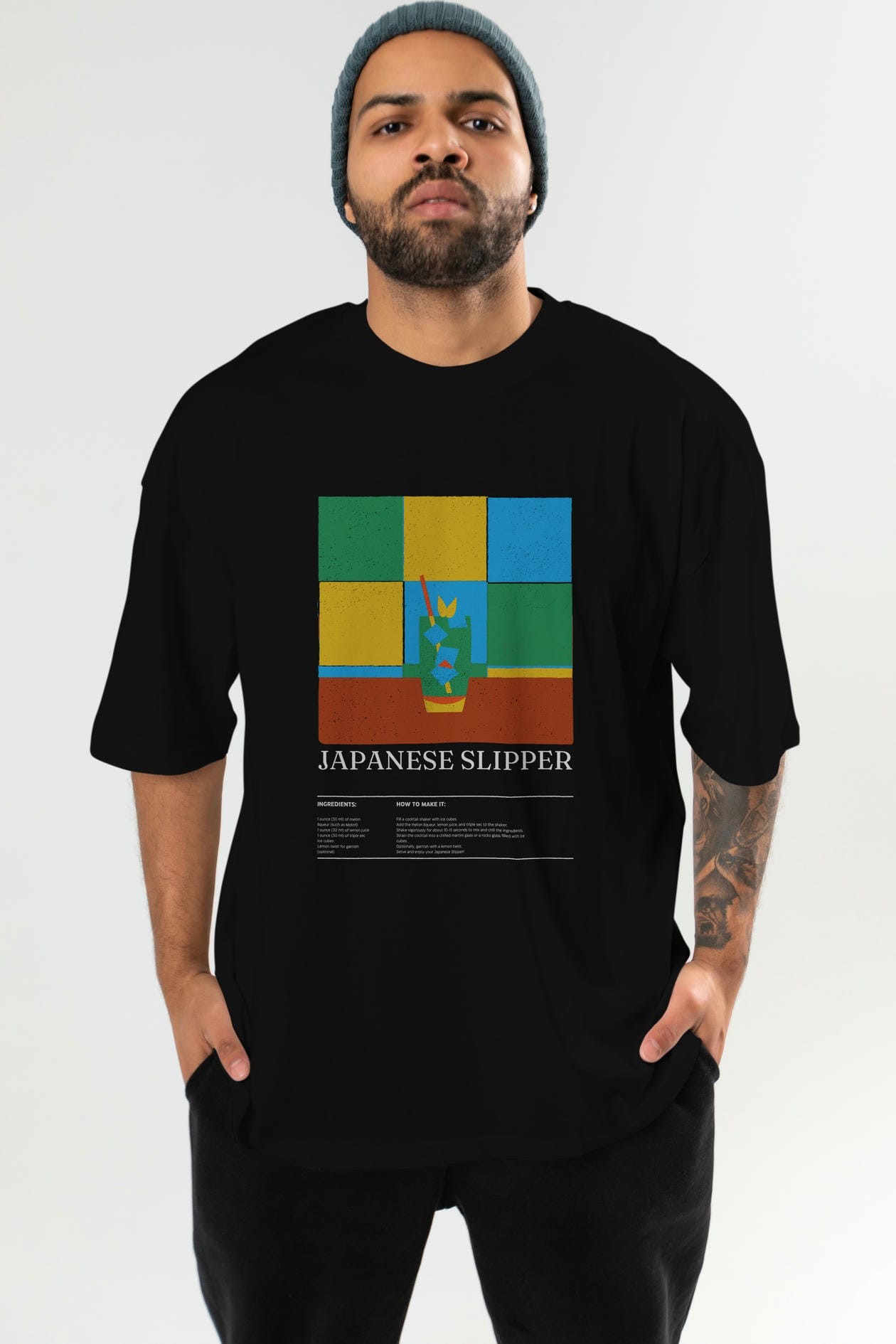 Japanese Slipper Kokteyl Ön Baskılı Oversize t-shirt Erkek Kadın %100 Pamuk Bisiklet Yaka tişort