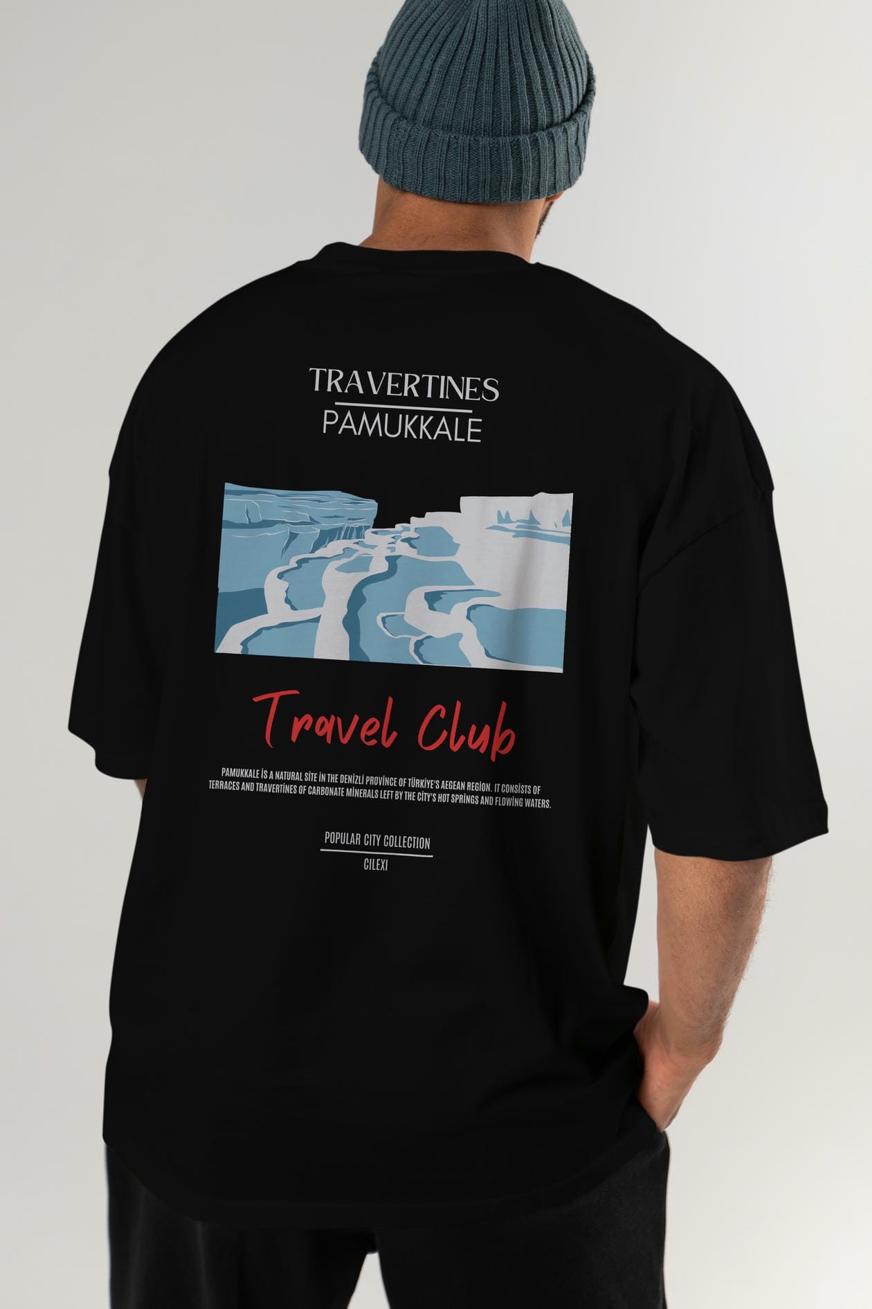 Travertines Pamukkale Arka Baskılı Oversize t-shirt Erkek Kadın Pamuk Bisiklet Yaka tişort