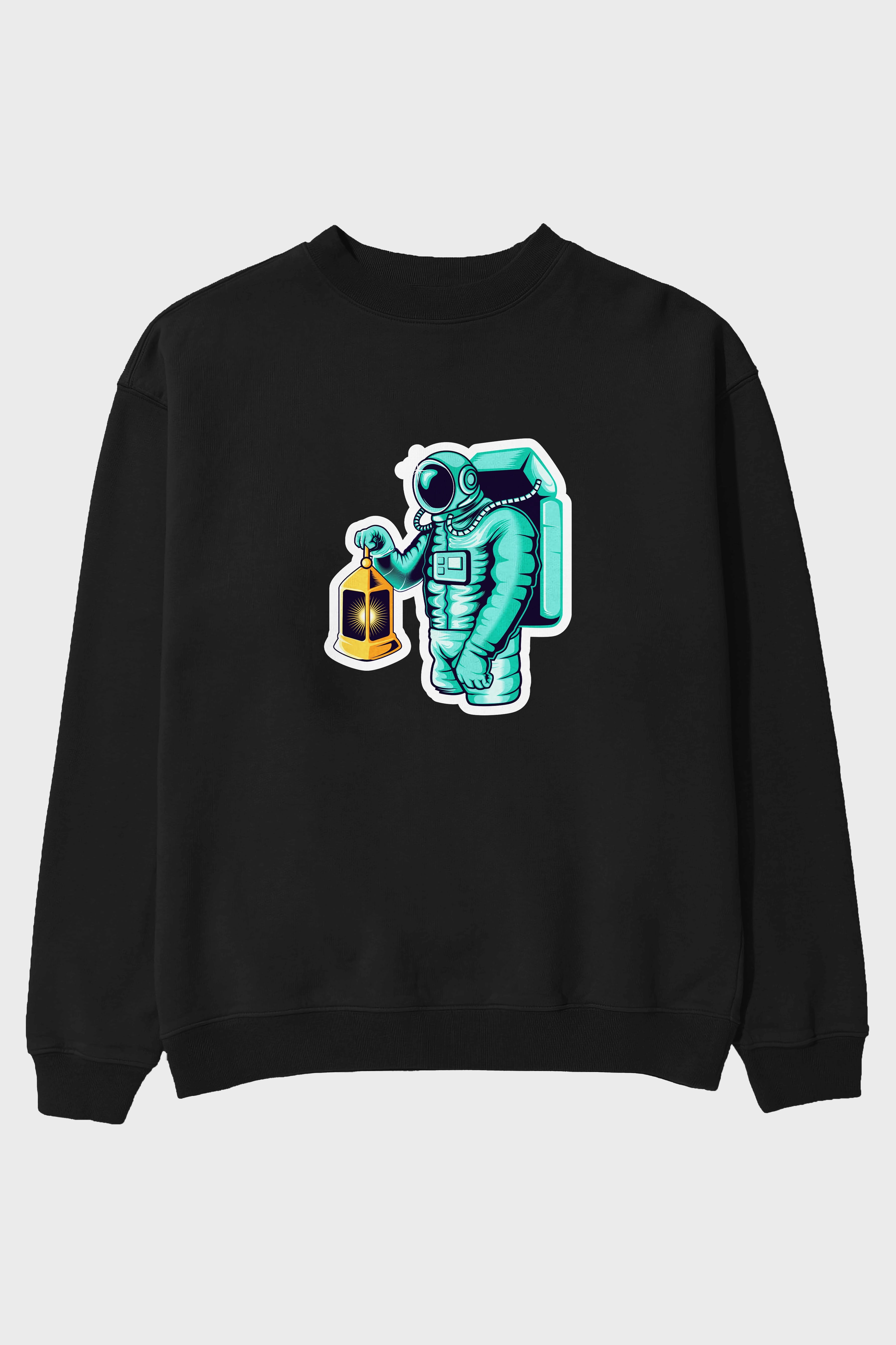 Astronaut Lantern Sticker Ön Baskılı Oversize Sweatshirt Erkek Kadın Unisex