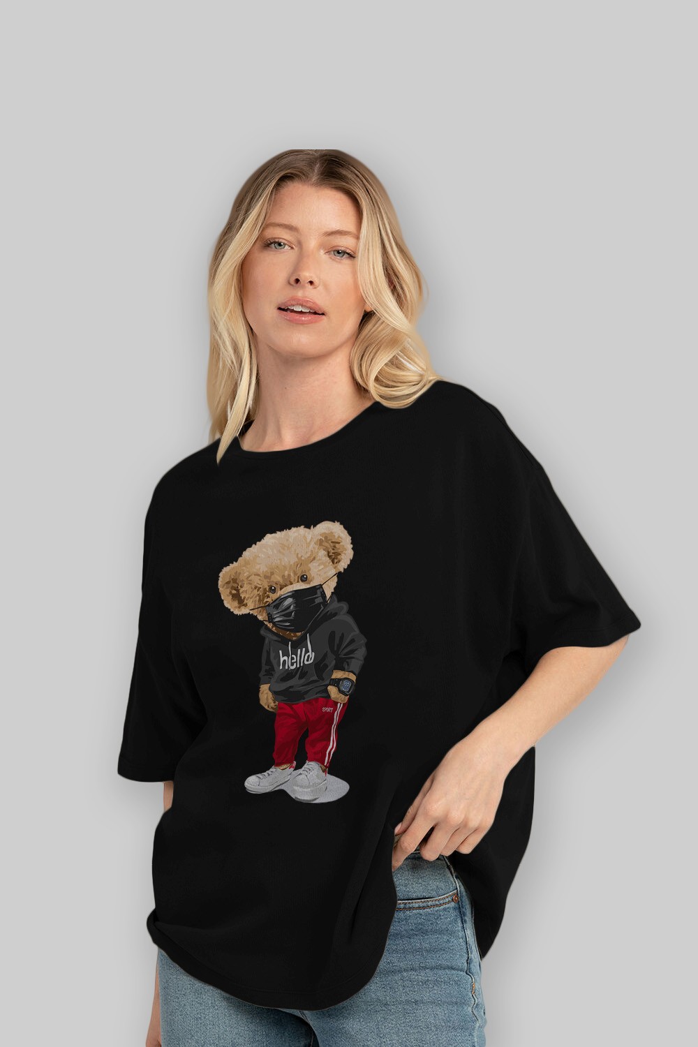 Teddy Bear Hello Sport Ön Baskılı Oversize t-shirt Erkek Kadın Unisex %100 Pamuk