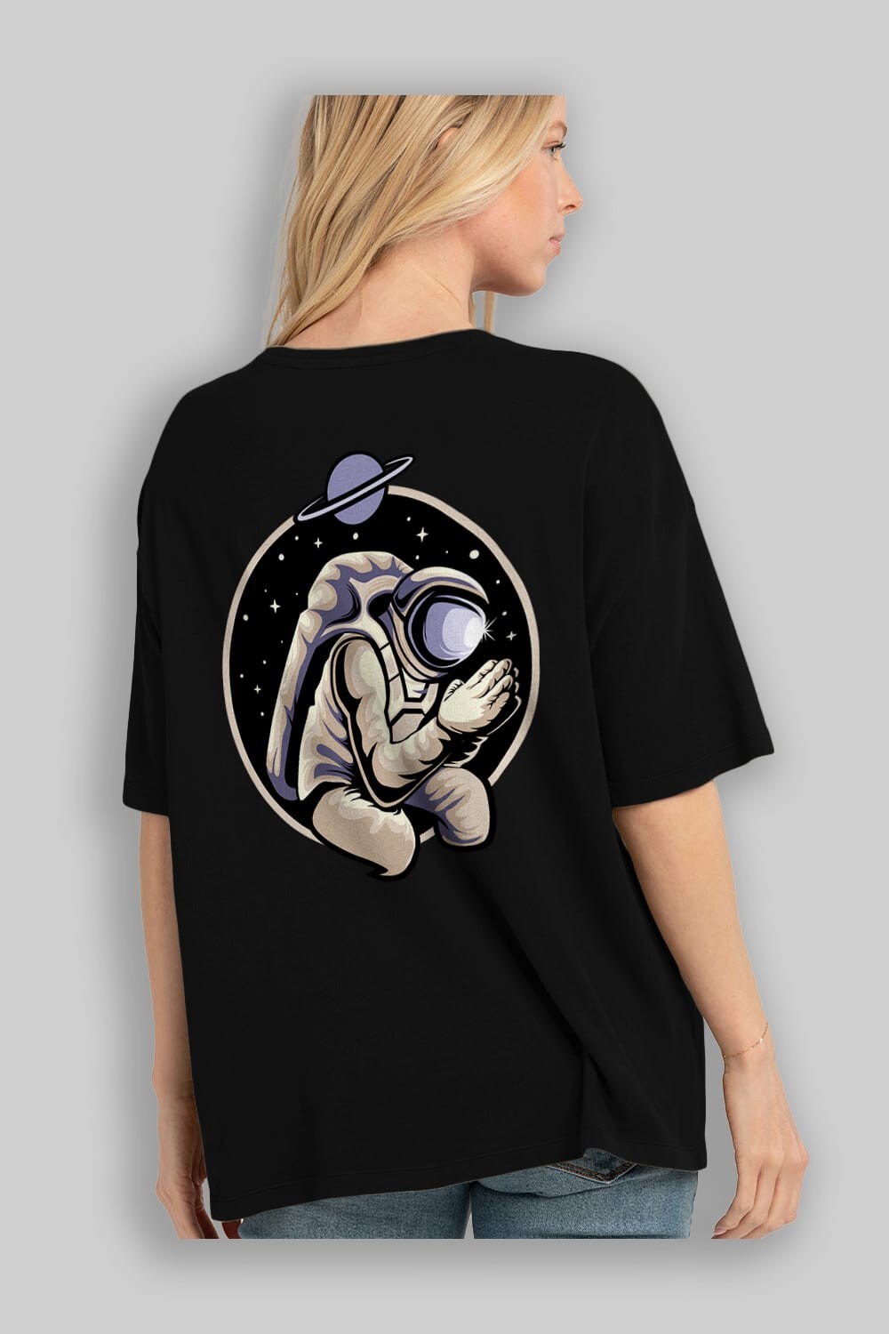 Astronaut Praying Arka Baskılı Oversize t-shirt Erkek Kadın Unisex