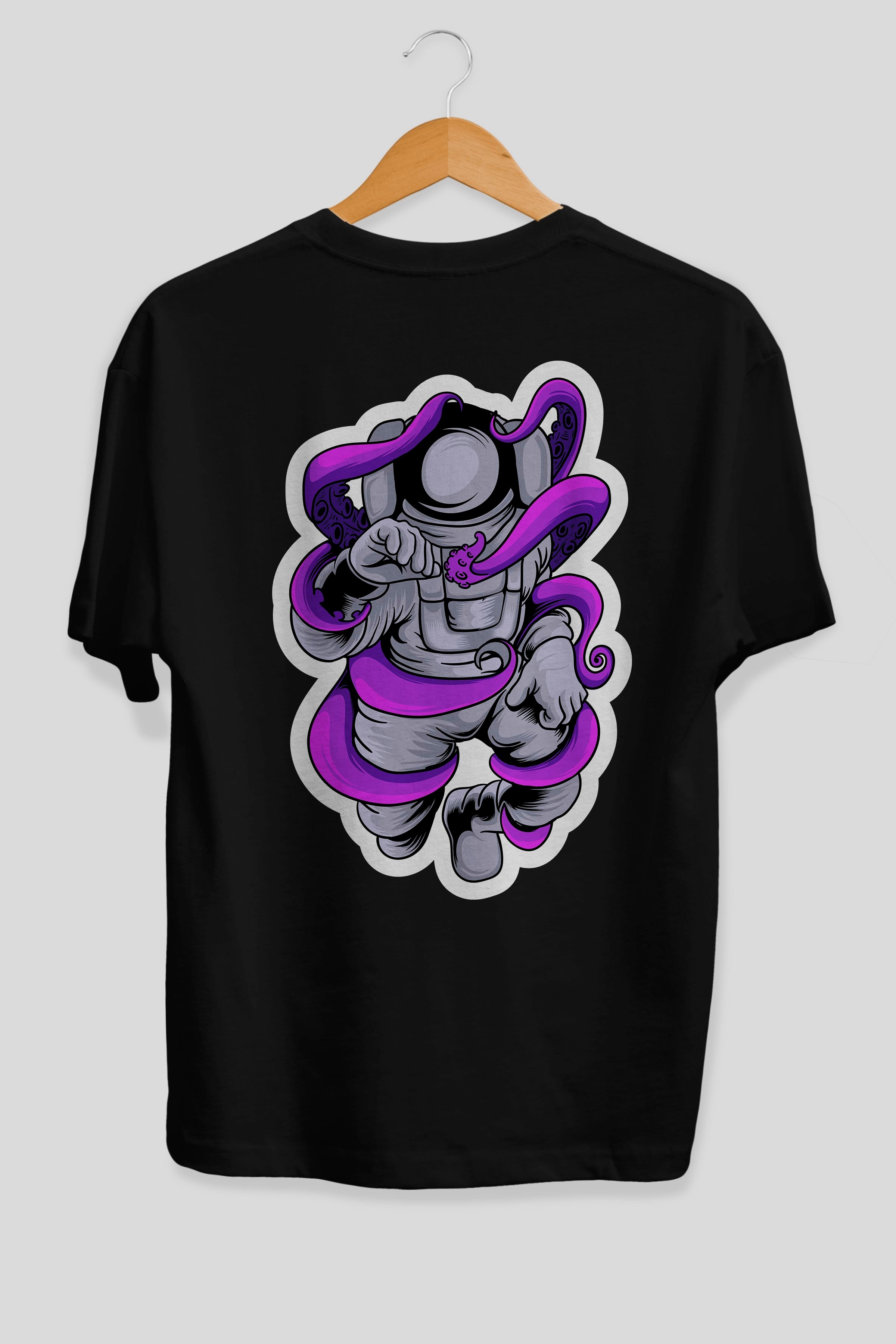 Astronaut fighting octopus sticker Arka Baskılı Oversize t-shirt Erkek Kadın Unisex