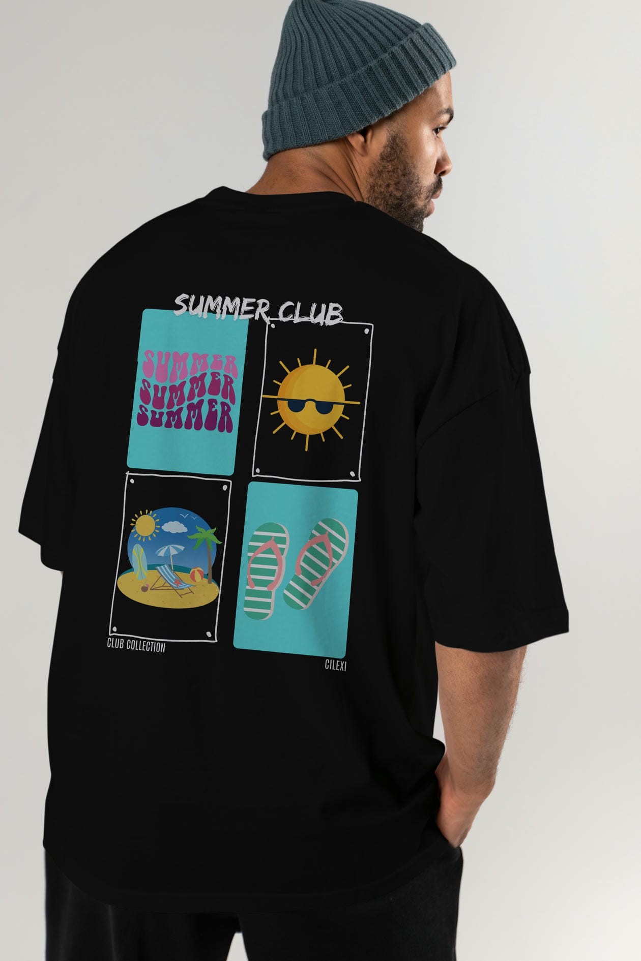 Summer Club Arka Baskılı Oversize t-shirt Erkek Kadın %100 Pamuk Bisiklet Yaka tişort