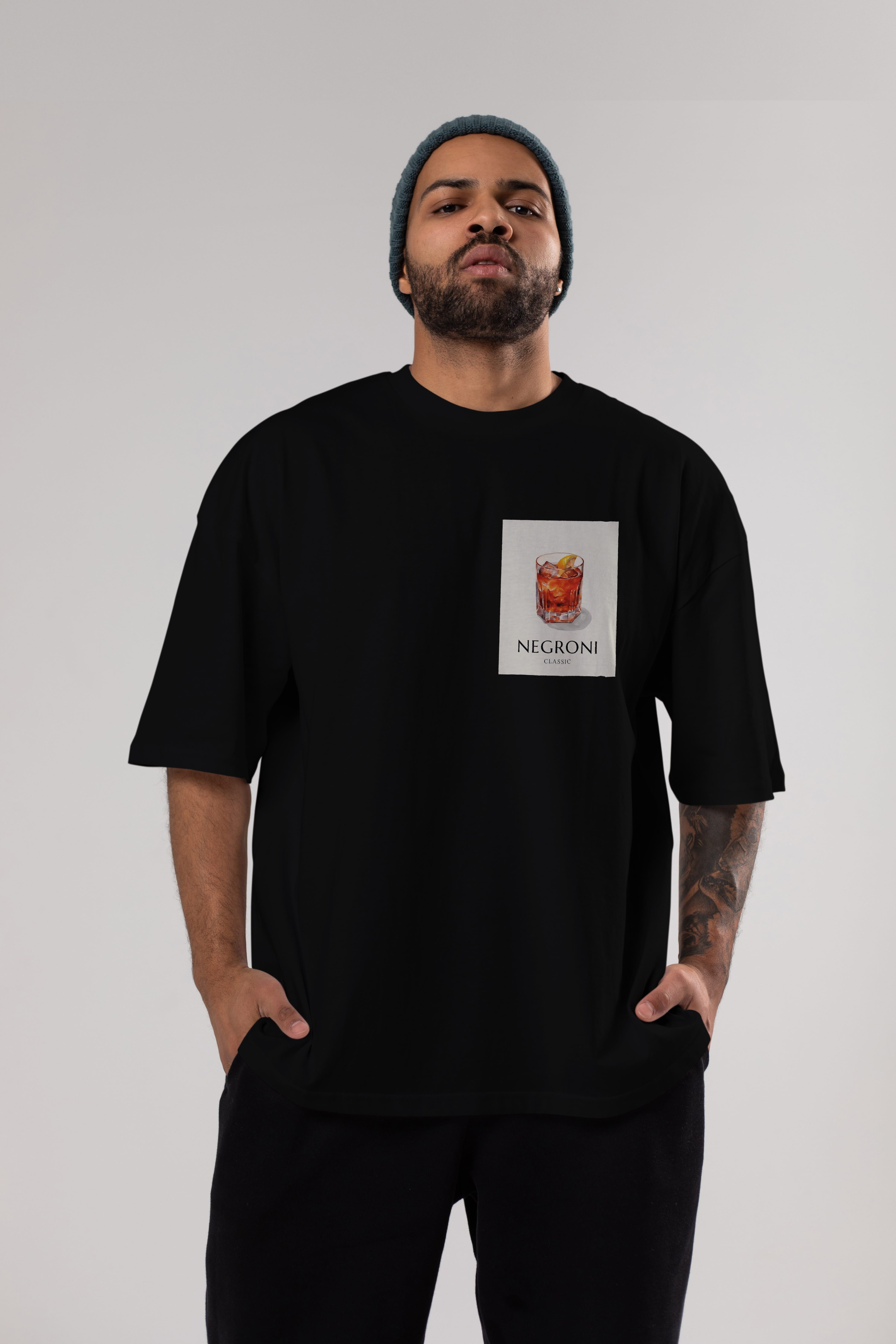 Negroni Classic Ön Sol Baskılı Oversize t-shirt Erkek Kadın Unisex %100 Pamuk Bisiklet Yaka tişort