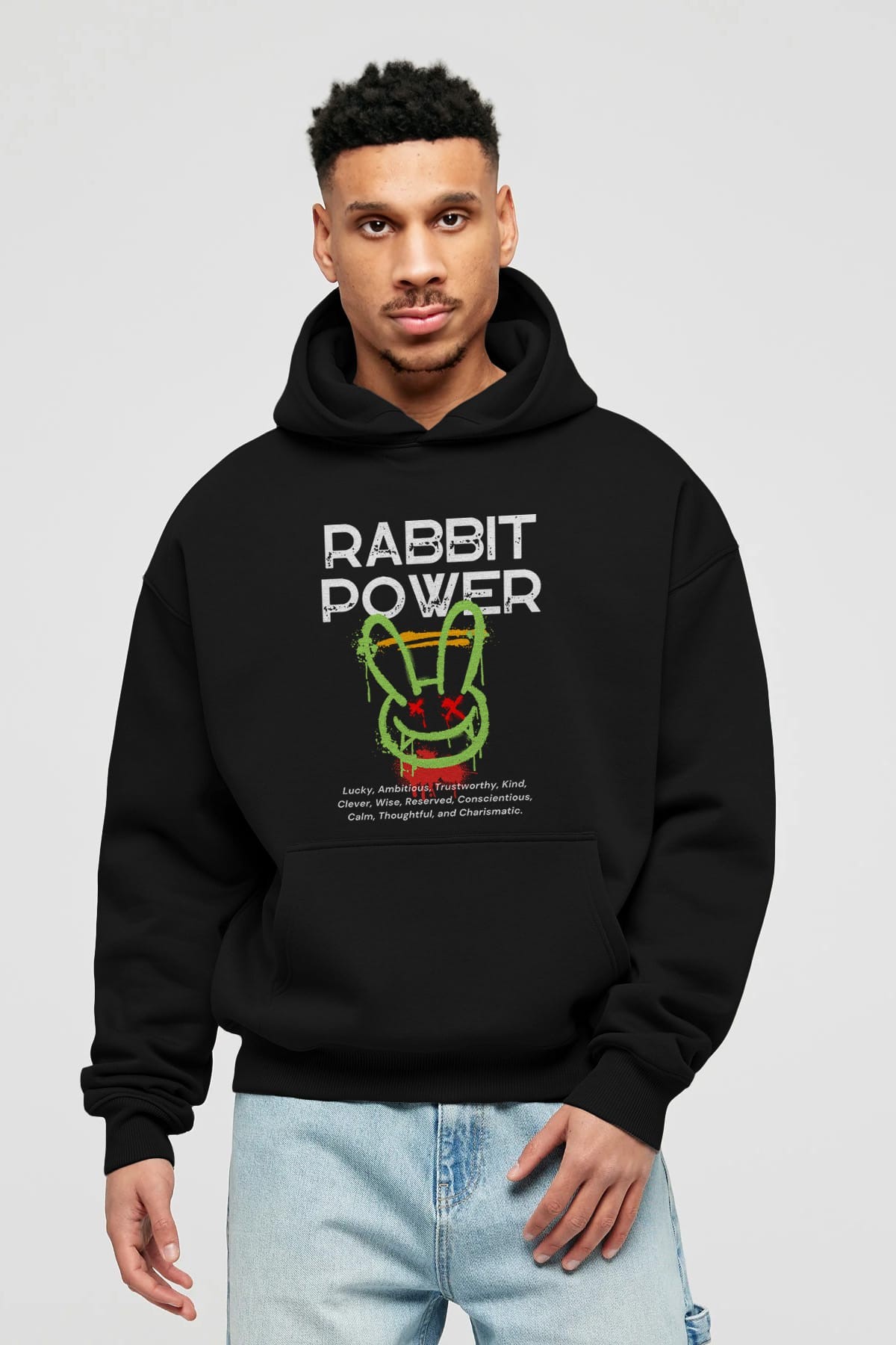 Rabbit Power Yazılı Ön Baskılı Oversize Hoodie Kapüşonlu Sweatshirt Erkek Kadın Unisex