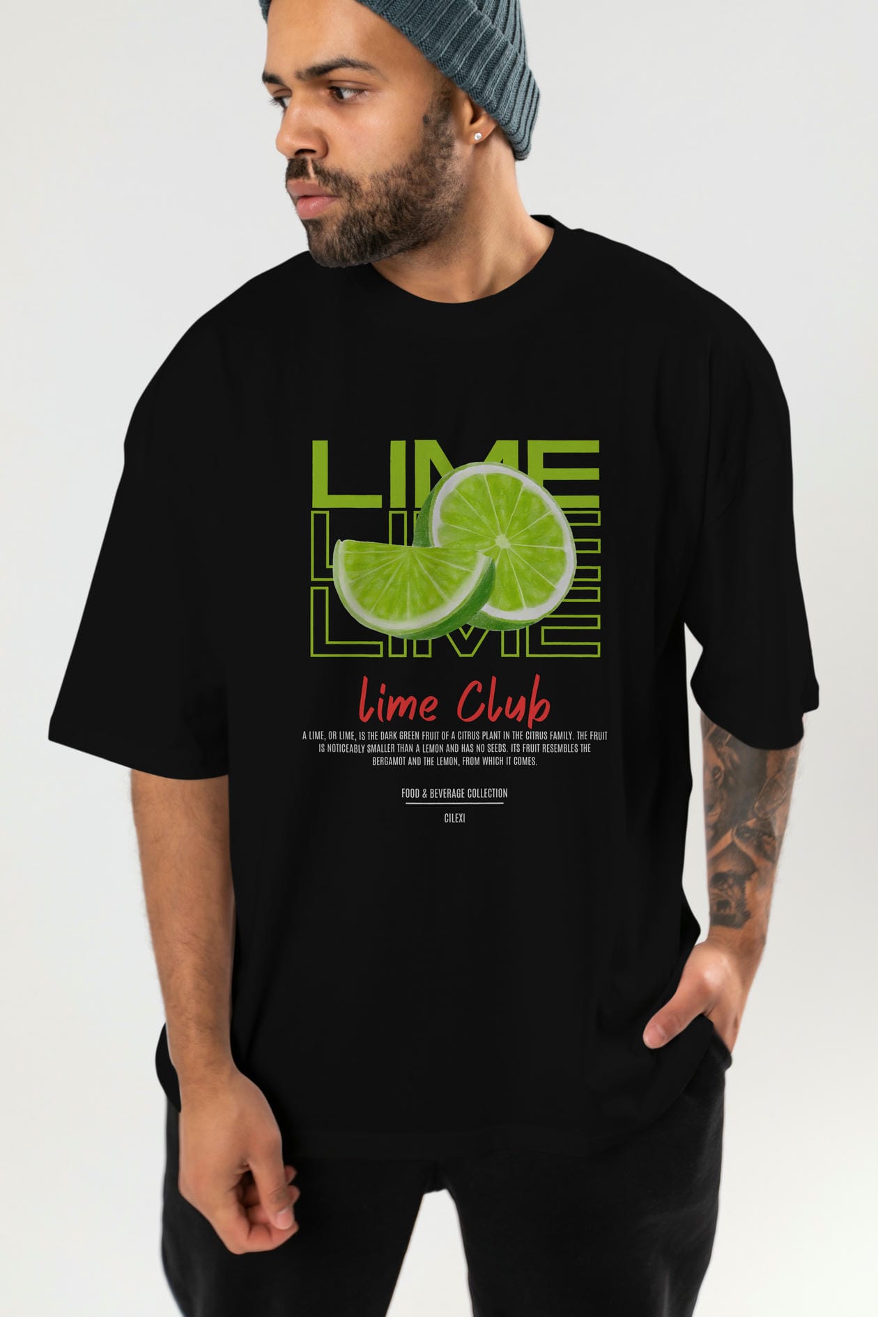 Lime Kokteyl Serisi ön Baskılı Oversize t-shirt Erkek Kadın %100 Pamuk Bisiklet Yaka tişort