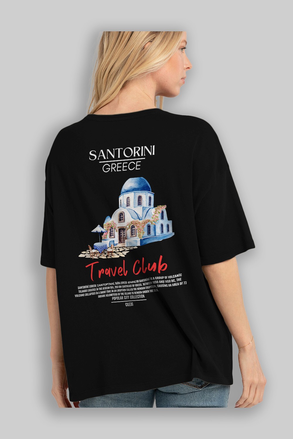 Santorini Greece Arka Baskılı Oversize t-shirt Erkek Kadın Pamuk Bisiklet Yaka tişort