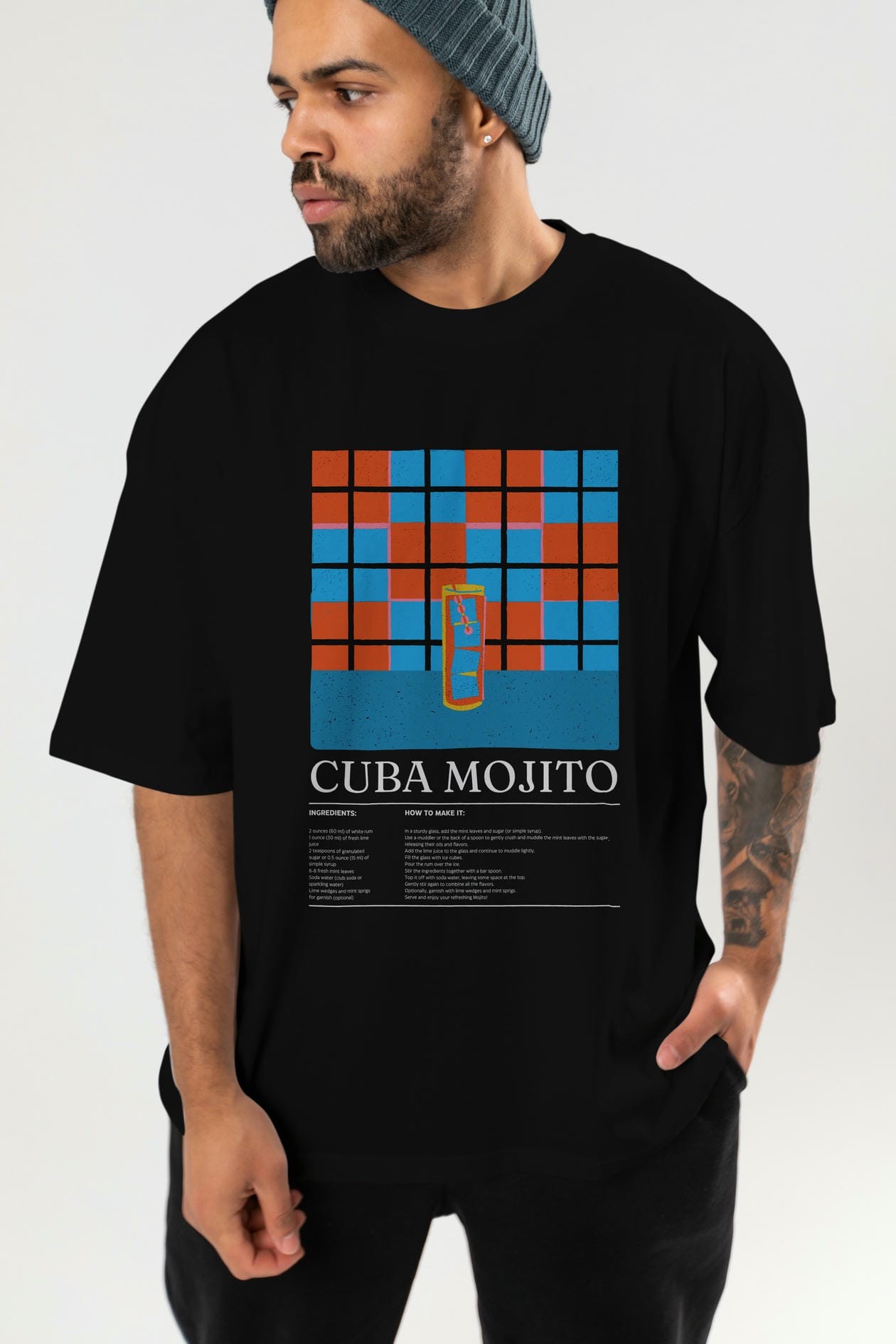 Cuba Mojito Kokteyl Ön Baskılı Oversize t-shirt Erkek Kadın %100 Pamuk Bisiklet Yaka tişort