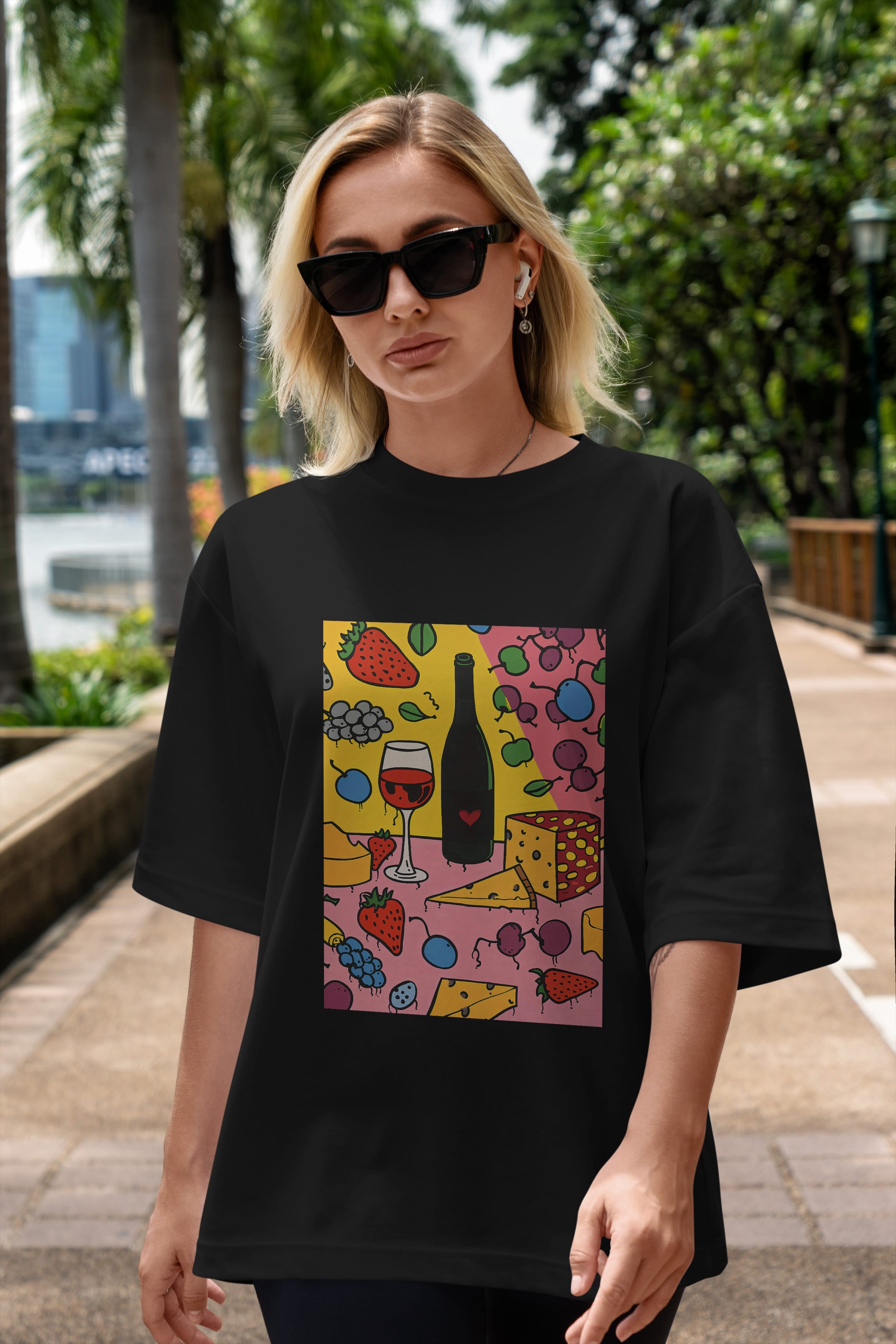 Wine Cheese Fruits Ön Baskılı Oversize t-shirt Erkek Kadın Unisex %100 Pamuk Bisiklet Yaka tişort