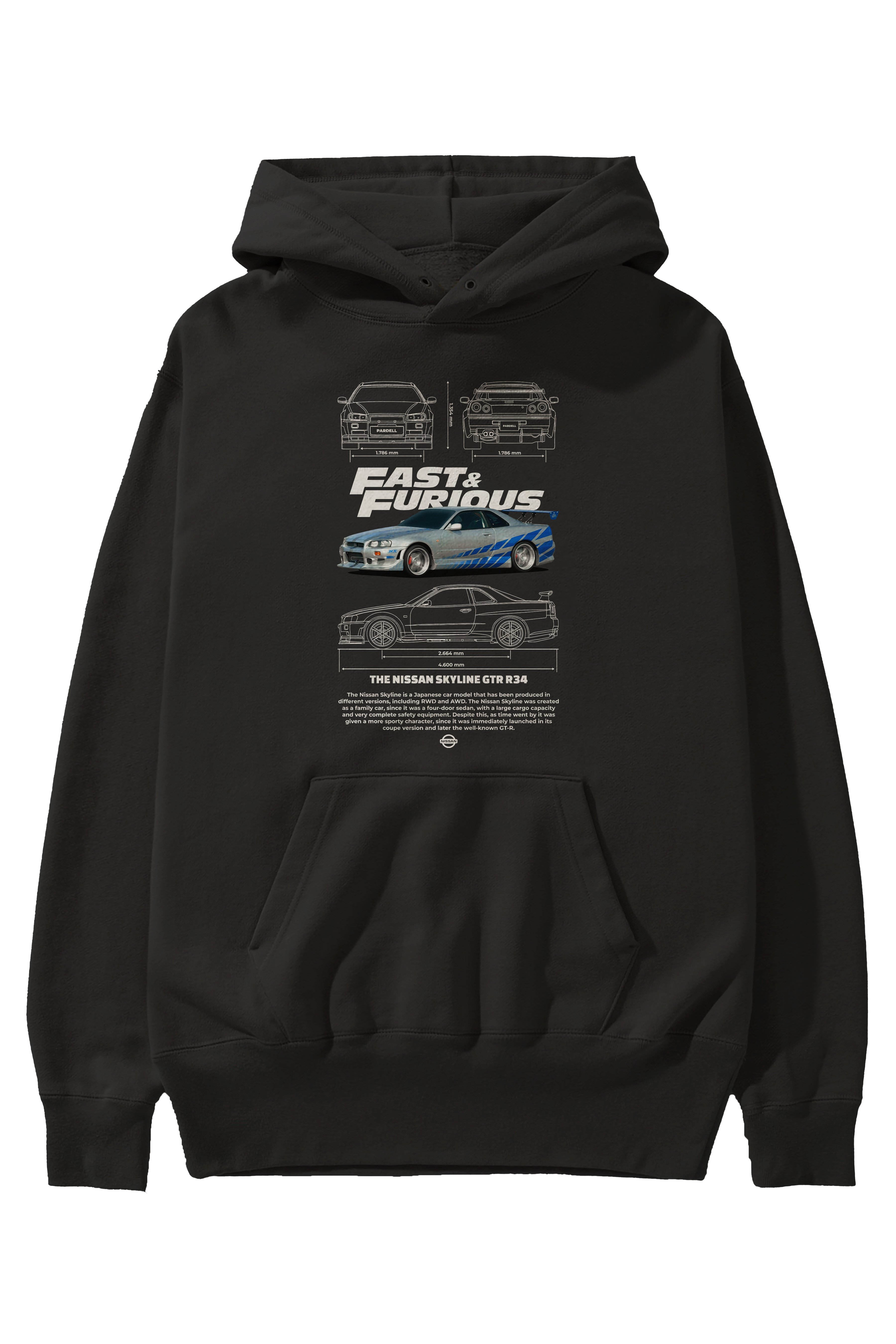 NISSAN SKYLINE R34 FAST AND FURIOUS Ön Baskılı Hoodie Oversize Kapüşonlu Sweatshirt Erkek Kadın Unisex