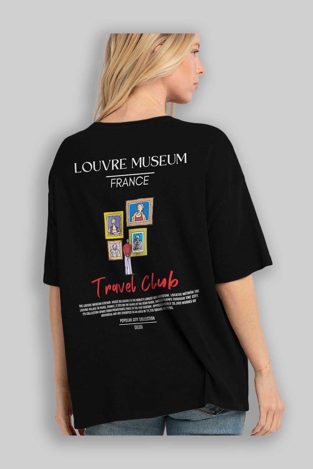 Louvre Museum France Arka Baskılı Oversize t-shirt Erkek Kadın Pamuk Bisiklet Yaka tişort
