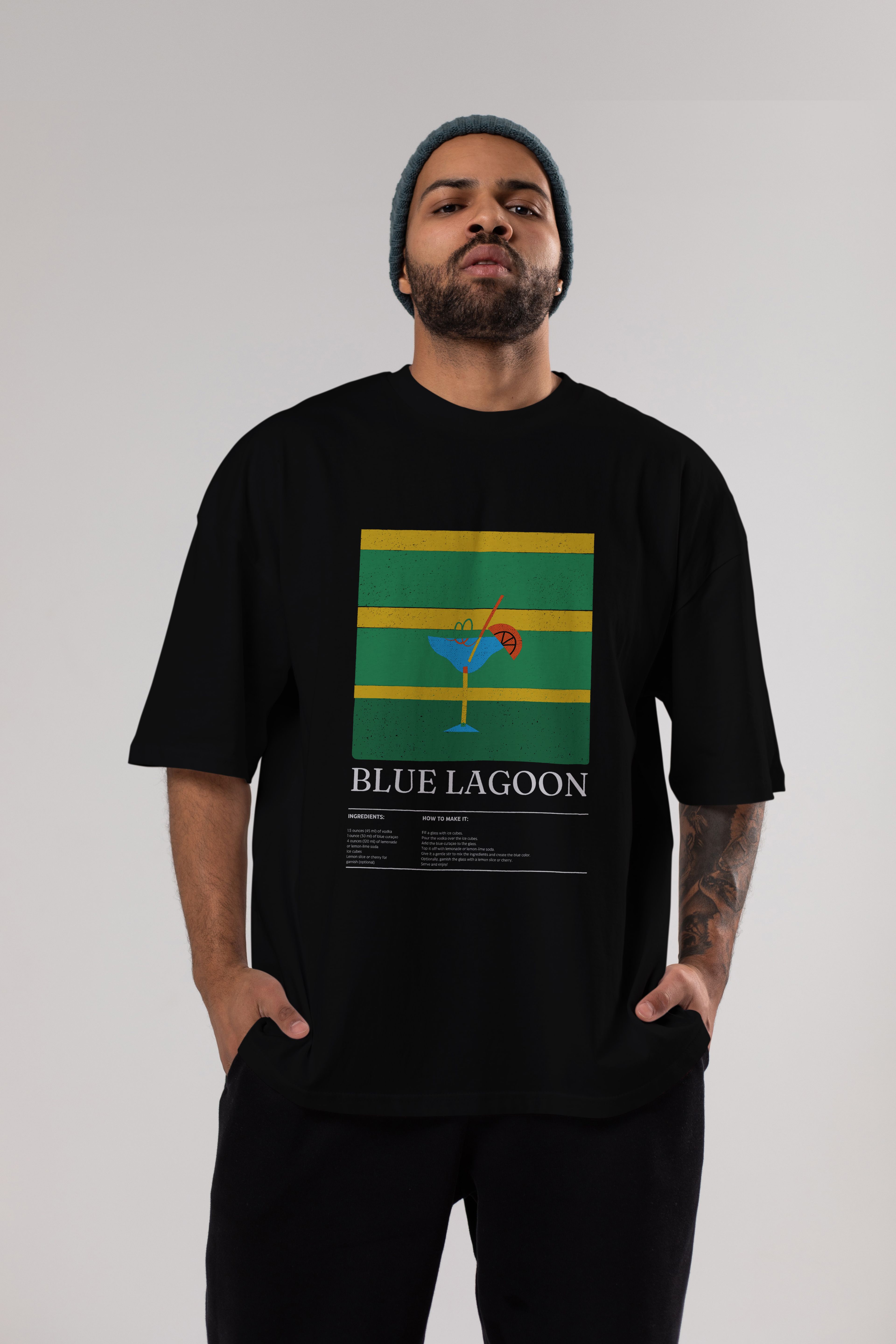 Blue Lagoon Kokteyl Ön Baskılı Oversize t-shirt Erkek Kadın %100 Pamuk Bisiklet Yaka tişort