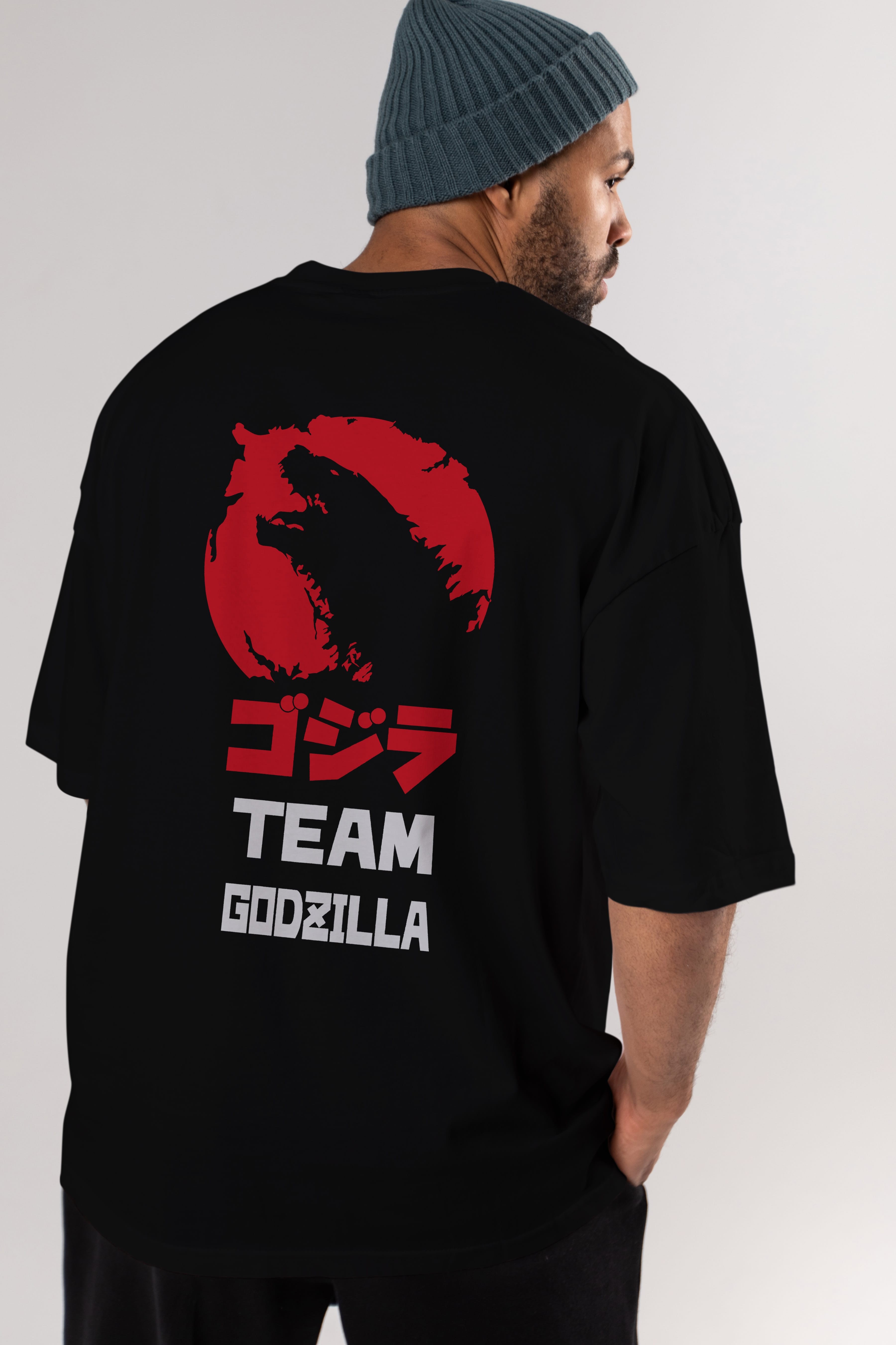 Team Godzilla Arka Baskılı Oversize t-shirt Erkek Kadın Unisex %100 Pamuk Bisiklet Yaka tişort