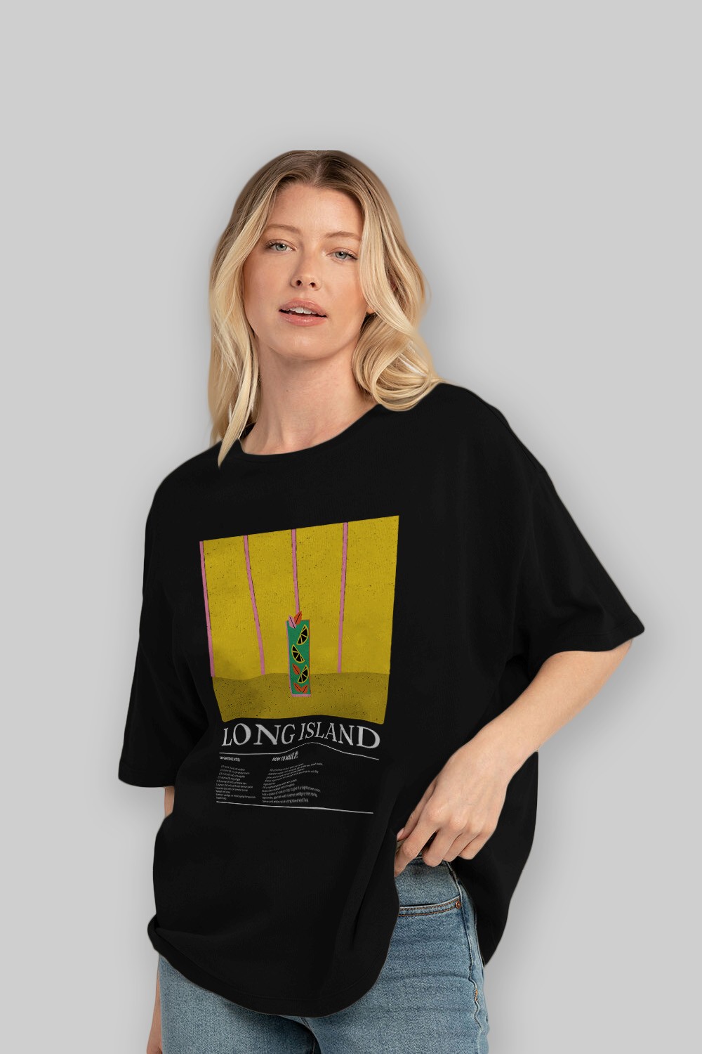 Long Island Kokteyl Ön Baskılı Oversize t-shirt Erkek Kadın %100 Pamuk Bisiklet Yaka tişort